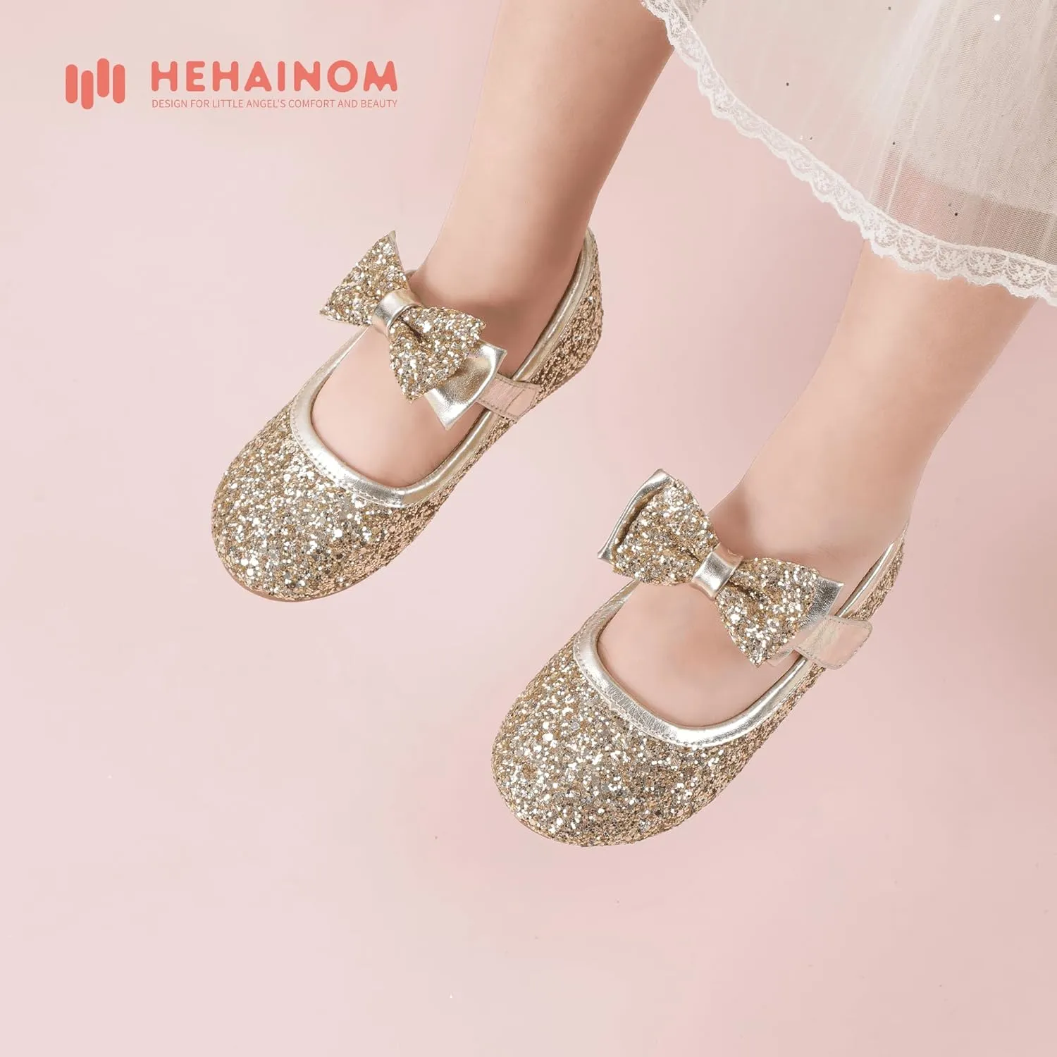 Hehainom Toddler Flower Girls Dress Shoes, Mary Jane Princess Ballet Flats with Bow and Peals for Party School