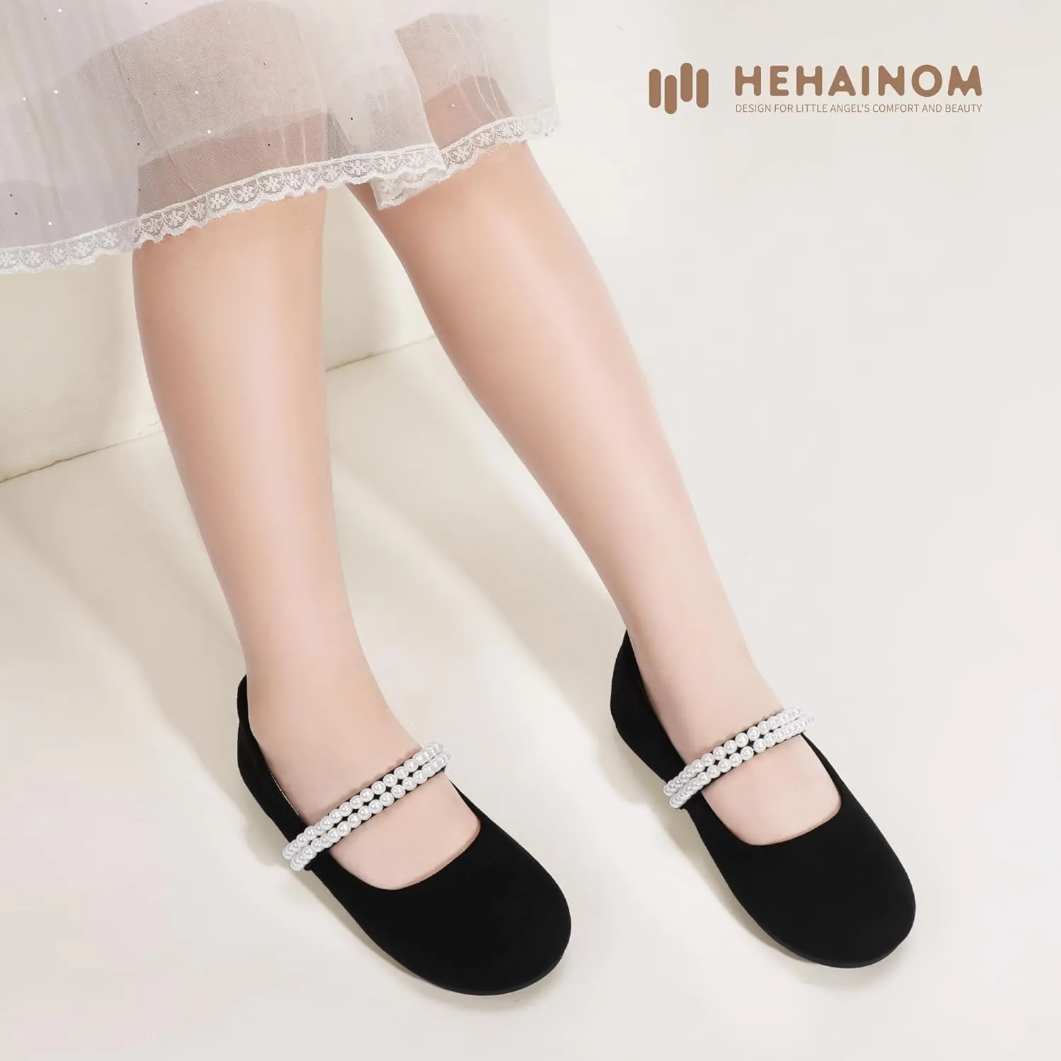 Hehainom Toddler Flower Girls Dress Shoes, Mary Jane Princess Ballet Flats with Bow and Peals for Party School