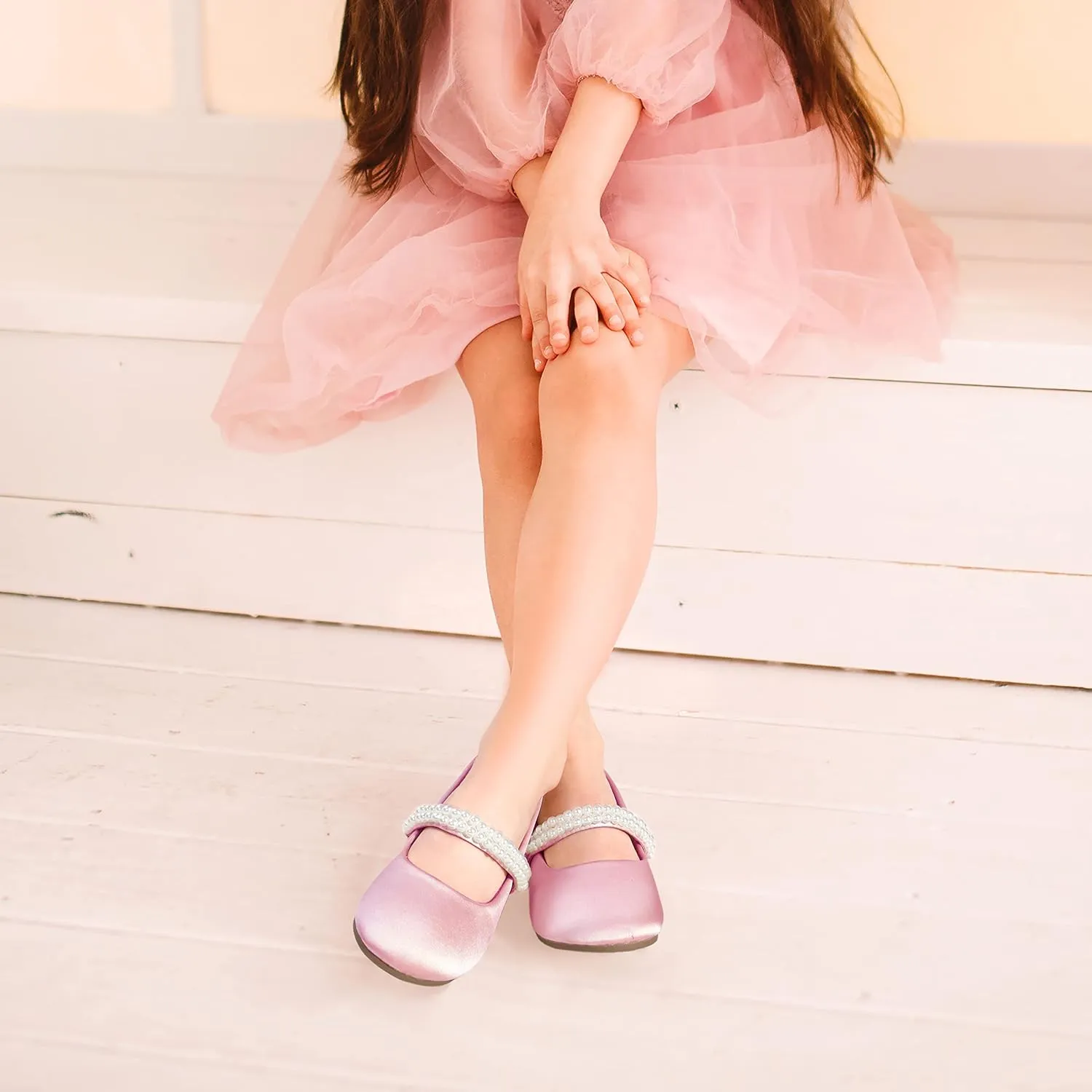 Hehainom Toddler Flower Girls Dress Shoes, Mary Jane Princess Ballet Flats with Bow and Peals for Party School