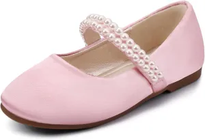 Hehainom Toddler Flower Girls Dress Shoes, Mary Jane Princess Ballet Flats with Bow and Peals for Party School