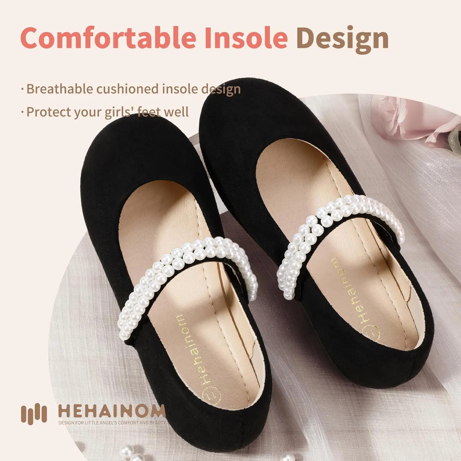 Hehainom Toddler Flower Girls Dress Shoes, Mary Jane Princess Ballet Flats with Bow and Peals for Party School