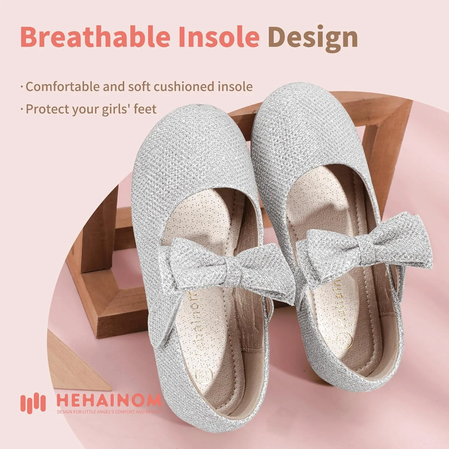 Hehainom Toddler Flower Girls Dress Shoes, Mary Jane Princess Ballet Flats with Bow and Peals for Party School