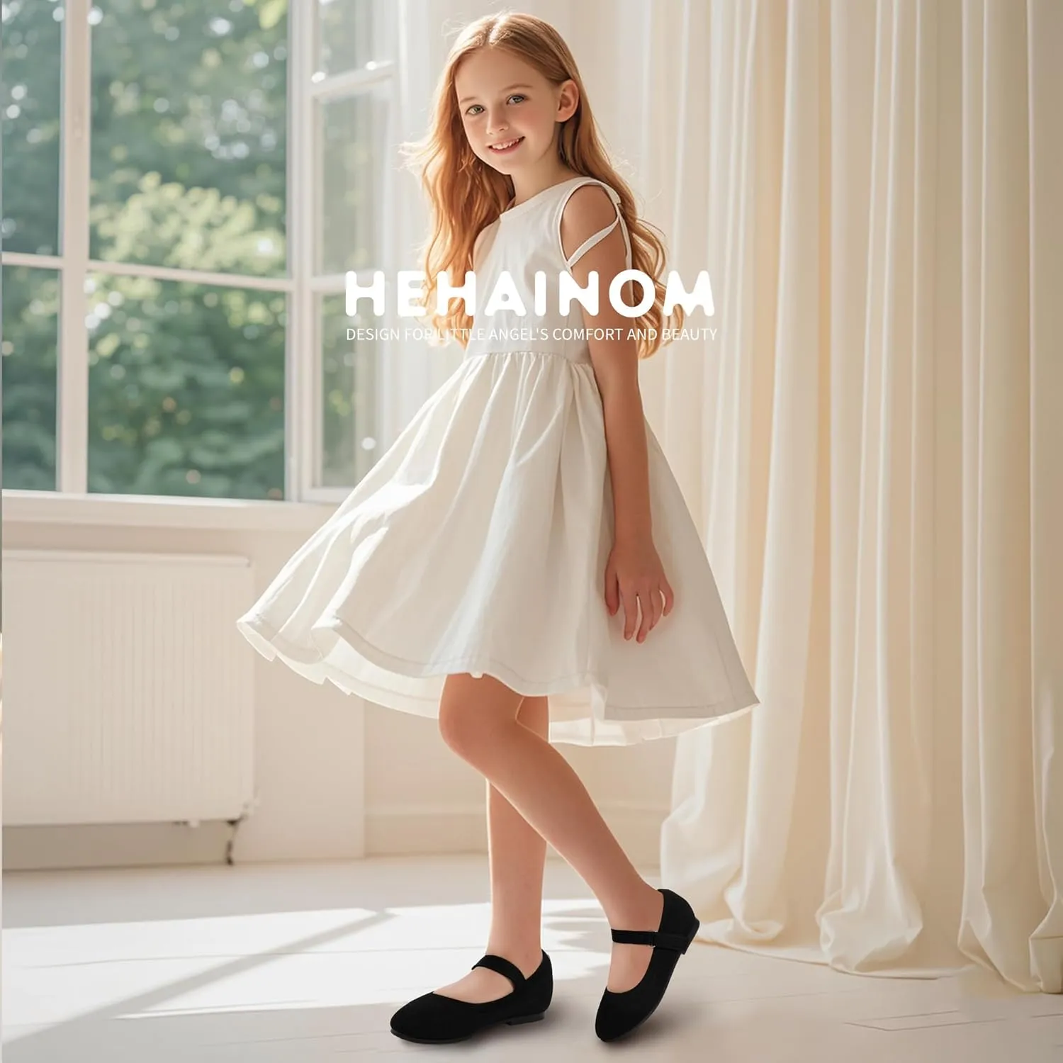 Hehainom Toddler Flower Girls Dress Shoes, Mary Jane Princess Ballet Flats with Bow and Peals for Party School
