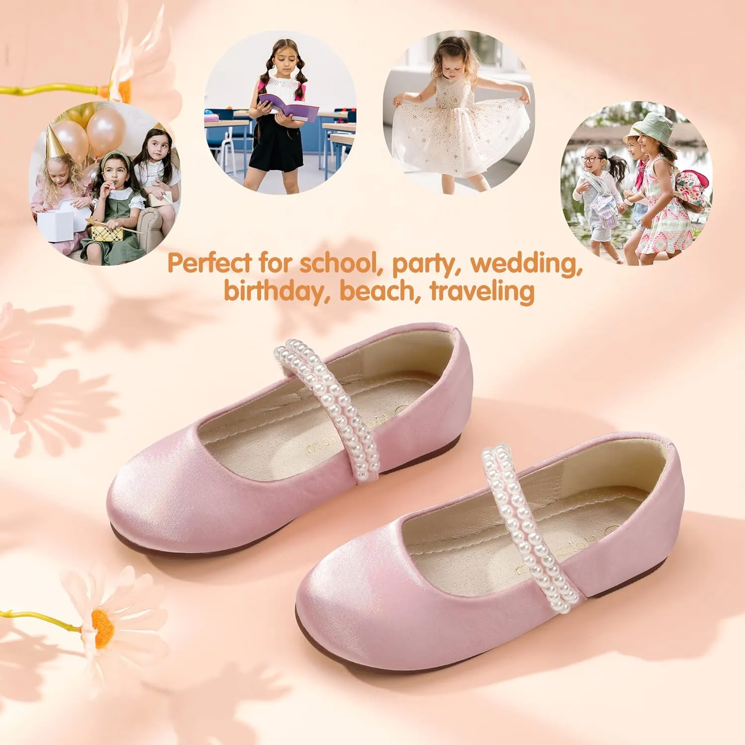 Hehainom Toddler Flower Girls Dress Shoes, Mary Jane Princess Ballet Flats with Bow and Peals for Party School