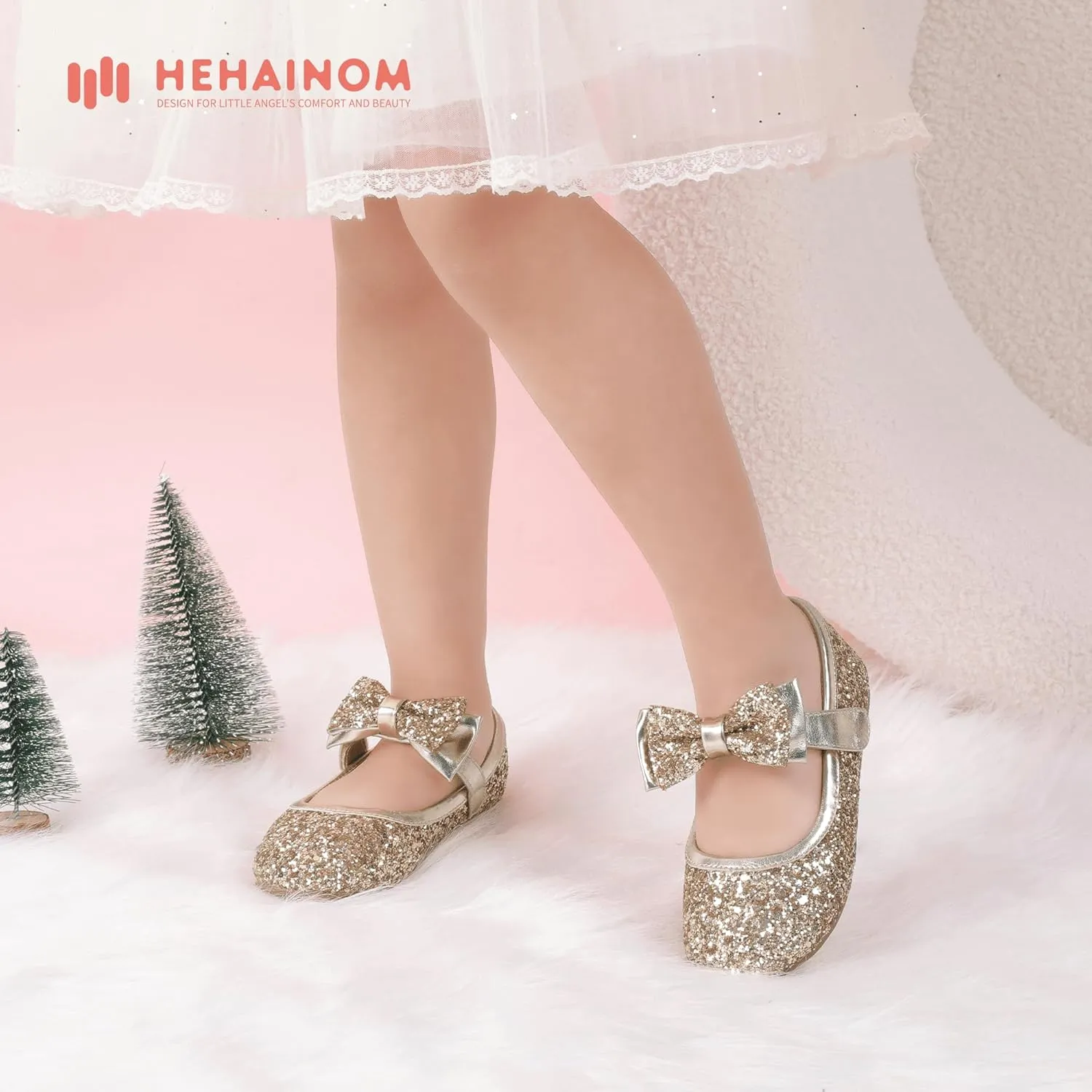 Hehainom Toddler Flower Girls Dress Shoes, Mary Jane Princess Ballet Flats with Bow and Peals for Party School