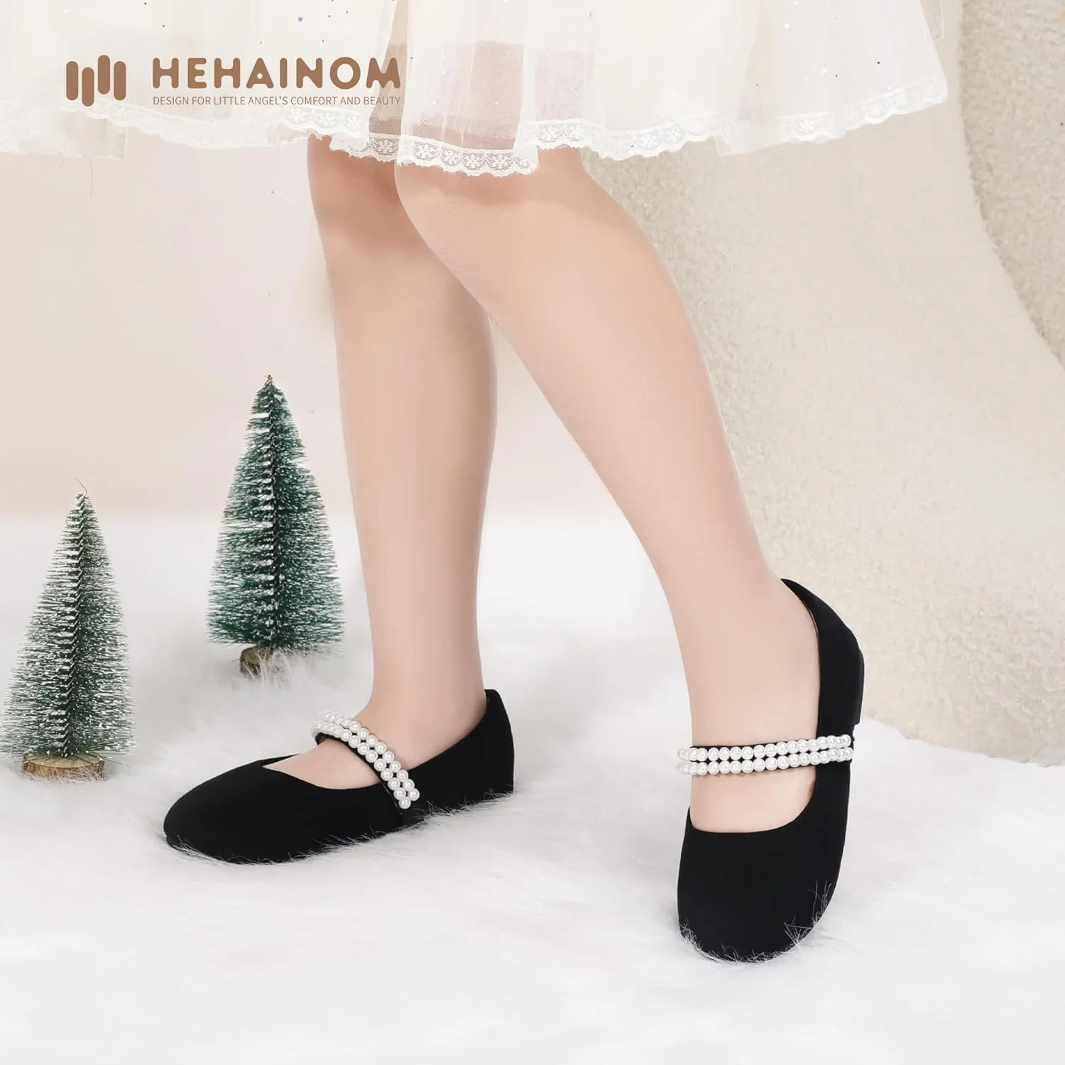 Hehainom Toddler Flower Girls Dress Shoes, Mary Jane Princess Ballet Flats with Bow and Peals for Party School