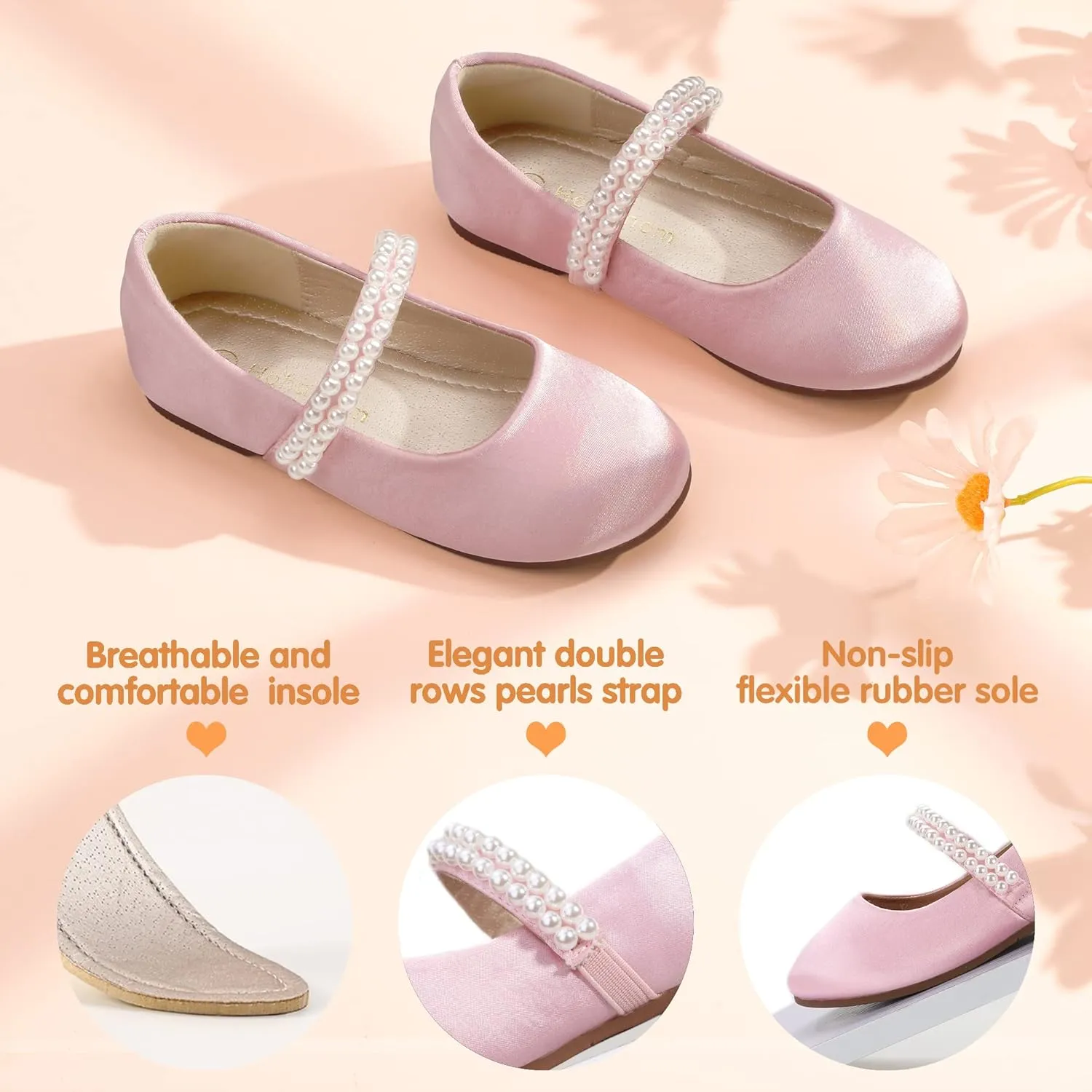 Hehainom Toddler Flower Girls Dress Shoes, Mary Jane Princess Ballet Flats with Bow and Peals for Party School