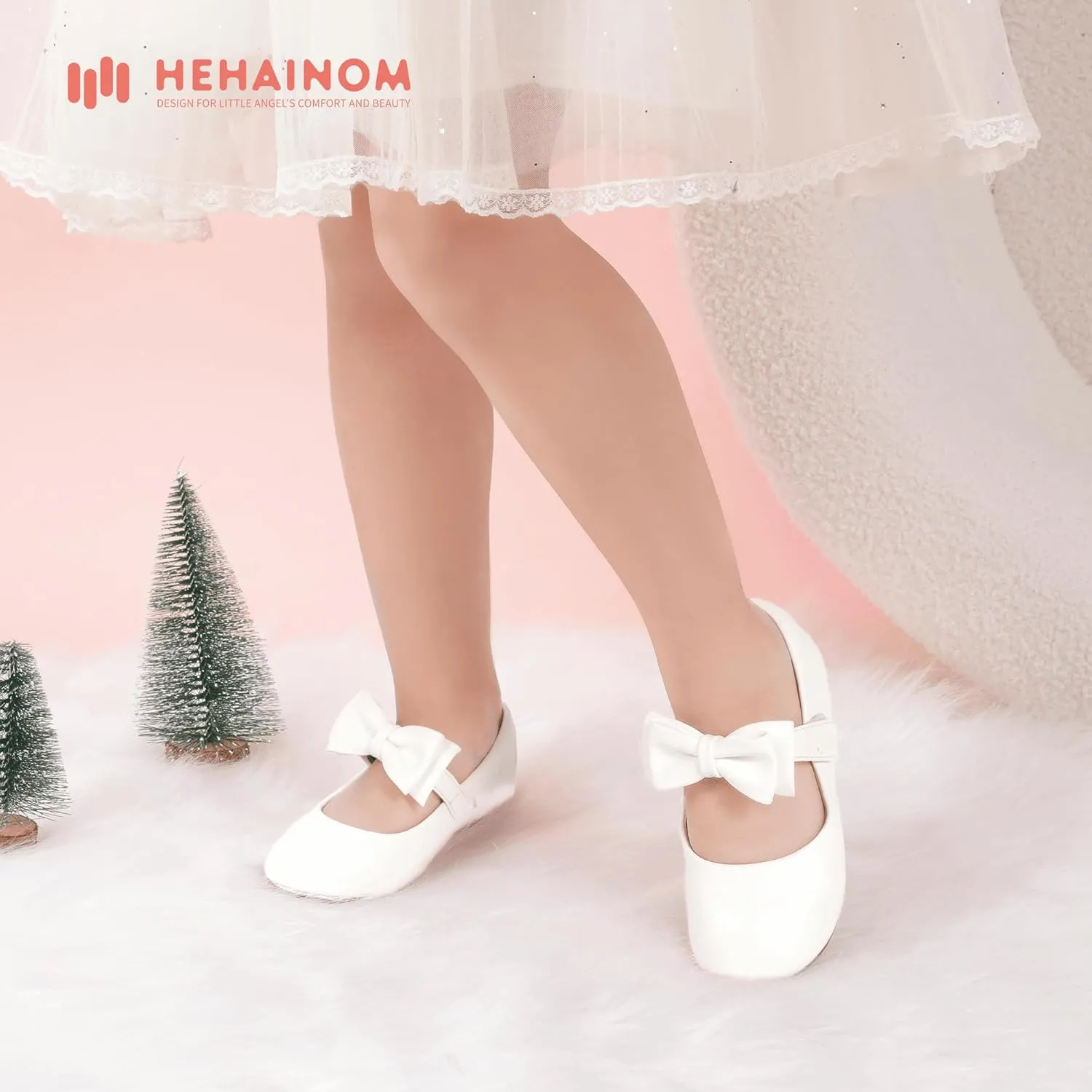Hehainom Toddler Flower Girls Dress Shoes, Mary Jane Princess Ballet Flats with Bow and Peals for Party School
