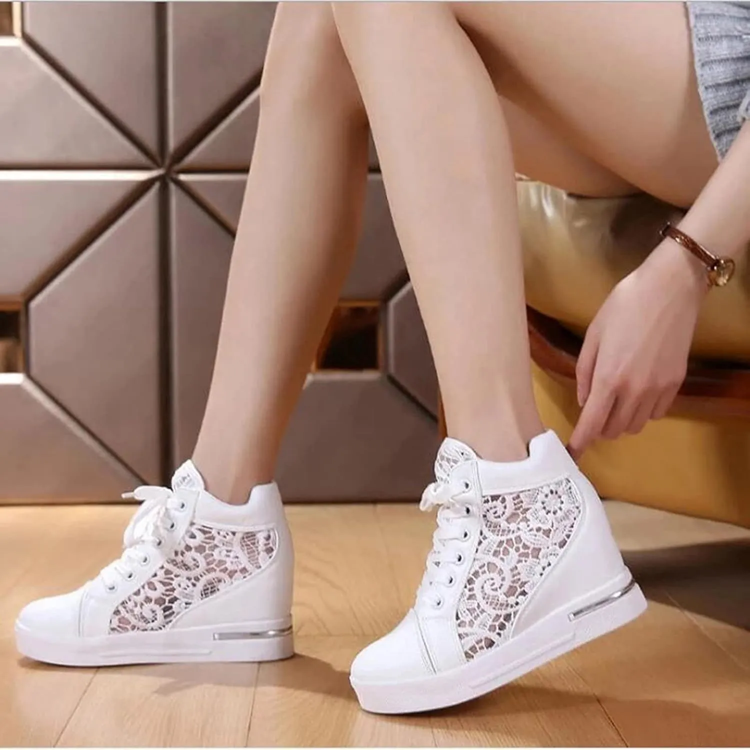 High Heeld Wedge Sneakers for Women, Ladies Hidden Heel Sneakers Dressy Lace Up Shoes High Top Sneakers Fashion Canvas Shoes Breathable Mesh Casual Platform Sneakers (A-White, 7)
