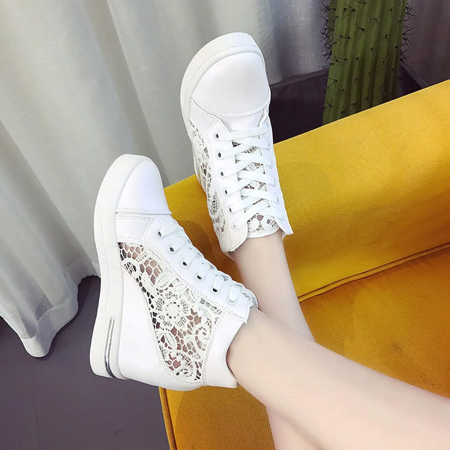 High Heeld Wedge Sneakers for Women, Ladies Hidden Heel Sneakers Dressy Lace Up Shoes High Top Sneakers Fashion Canvas Shoes Breathable Mesh Casual Platform Sneakers (A-White, 7)