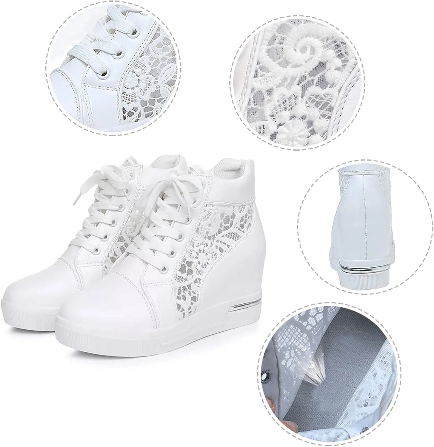 High Heeld Wedge Sneakers for Women, Ladies Hidden Heel Sneakers Dressy Lace Up Shoes High Top Sneakers Fashion Canvas Shoes Breathable Mesh Casual Platform Sneakers (A-White, 7)