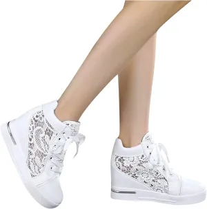 High Heeld Wedge Sneakers for Women, Ladies Hidden Heel Sneakers Dressy Lace Up Shoes High Top Sneakers Fashion Canvas Shoes Breathable Mesh Casual Platform Sneakers (A-White, 7)