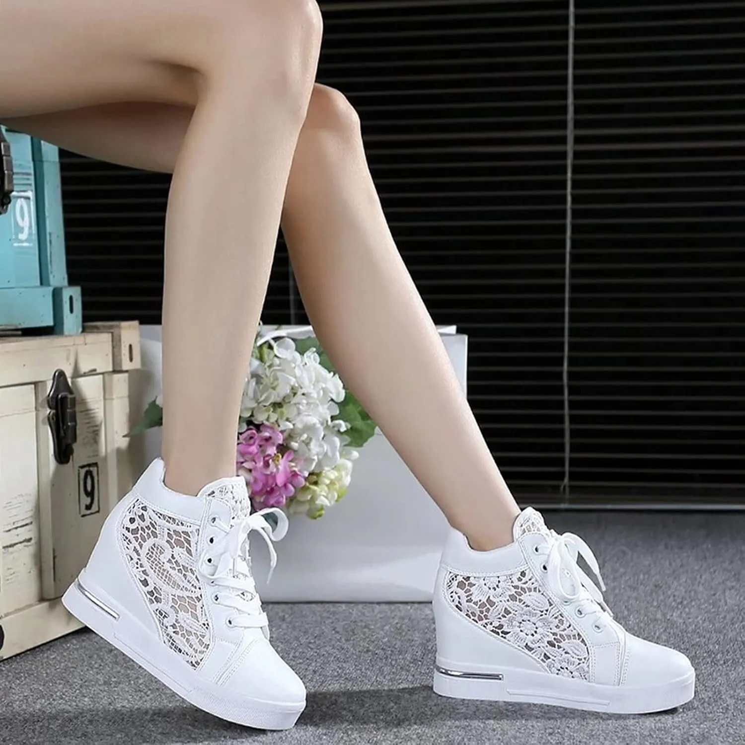 High Heeld Wedge Sneakers for Women, Ladies Hidden Heel Sneakers Dressy Lace Up Shoes High Top Sneakers Fashion Canvas Shoes Breathable Mesh Casual Platform Sneakers (A-White, 7)