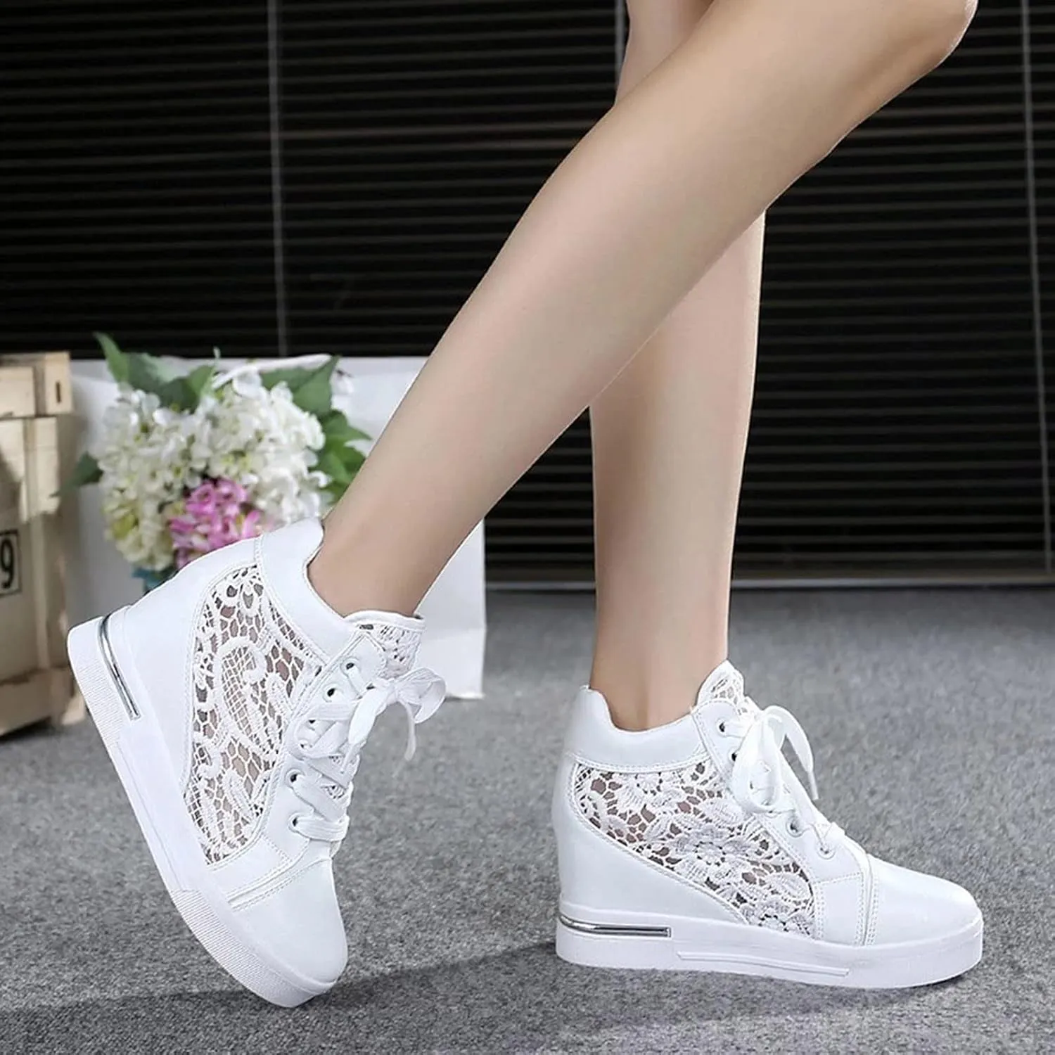 High Heeld Wedge Sneakers for Women, Ladies Hidden Heel Sneakers Dressy Lace Up Shoes High Top Sneakers Fashion Canvas Shoes Breathable Mesh Casual Platform Sneakers (A-White, 7)