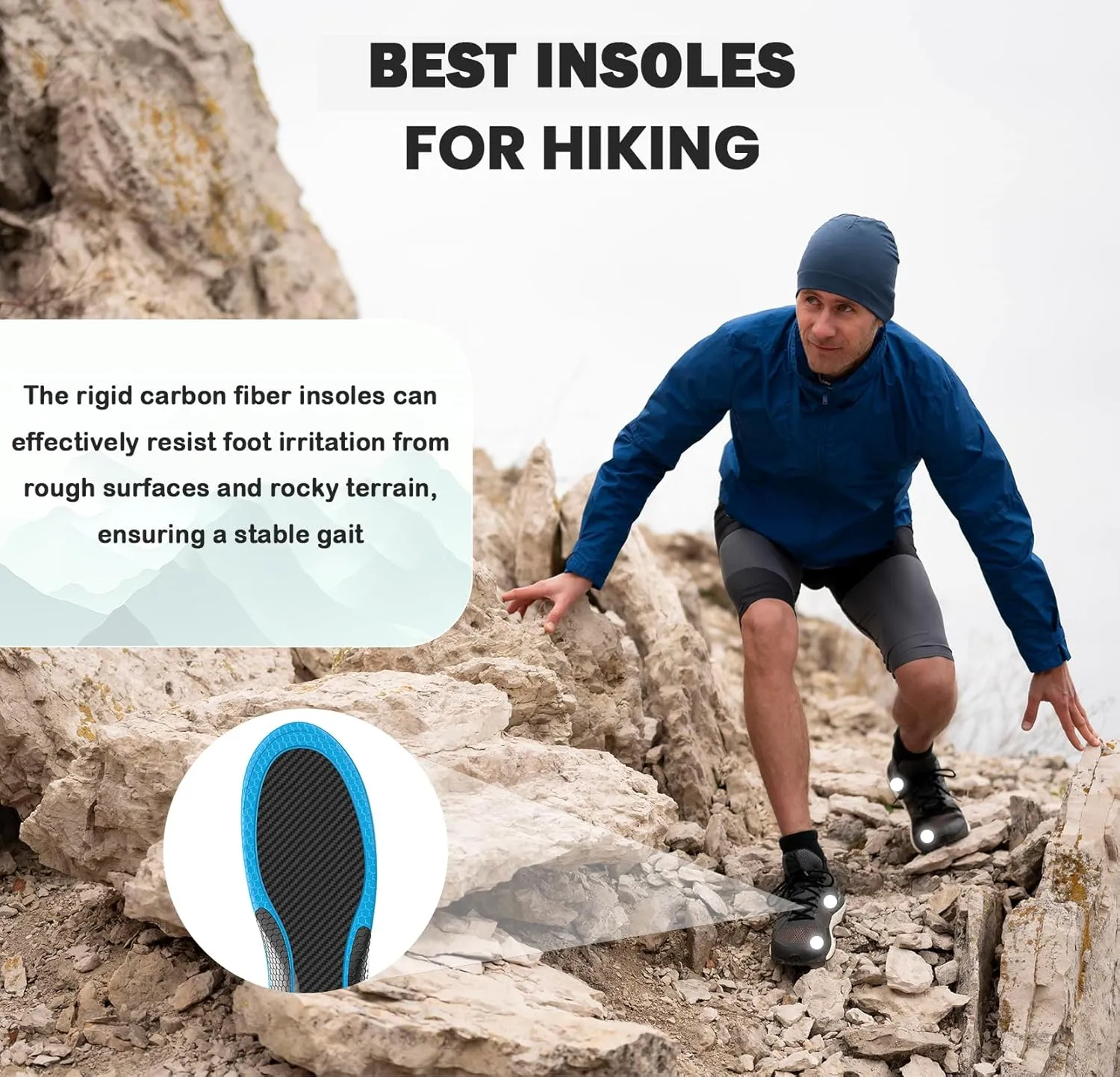 Hike Support Insoles - Welnove Carbon Fiber Insoles -Shoe Insert for Hiking Ourdoor Sport - Rigid Support for Turf Toe,Foot Fractures,Hallux Rigidus,Hiking Boots Inserts for Men Women-M