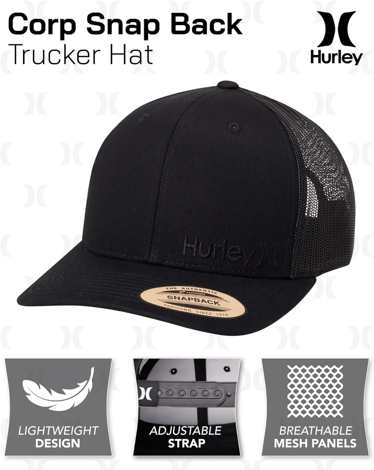 Hurley Men's Trucker Hat - Corp Snap Back Comfortable Curved Bill with Adjustable Snap Closure - Trucker Hats for Men