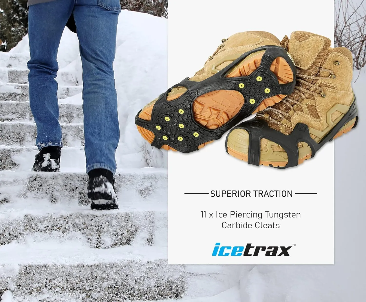 ICETRAX Pro Tungsten Grip Winter Ice Cleats for Shoes and Boots - Snow and Ice Grips, StayON Toe, Reflective Heel