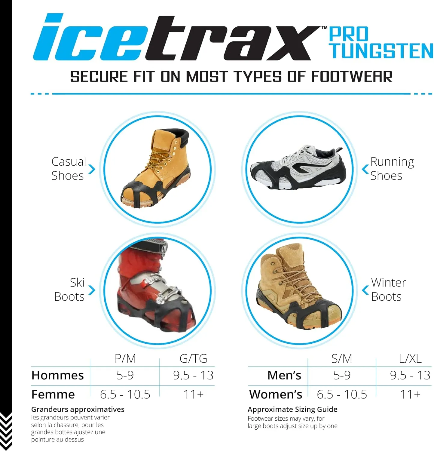ICETRAX Pro Tungsten Grip Winter Ice Cleats for Shoes and Boots - Snow and Ice Grips, StayON Toe, Reflective Heel