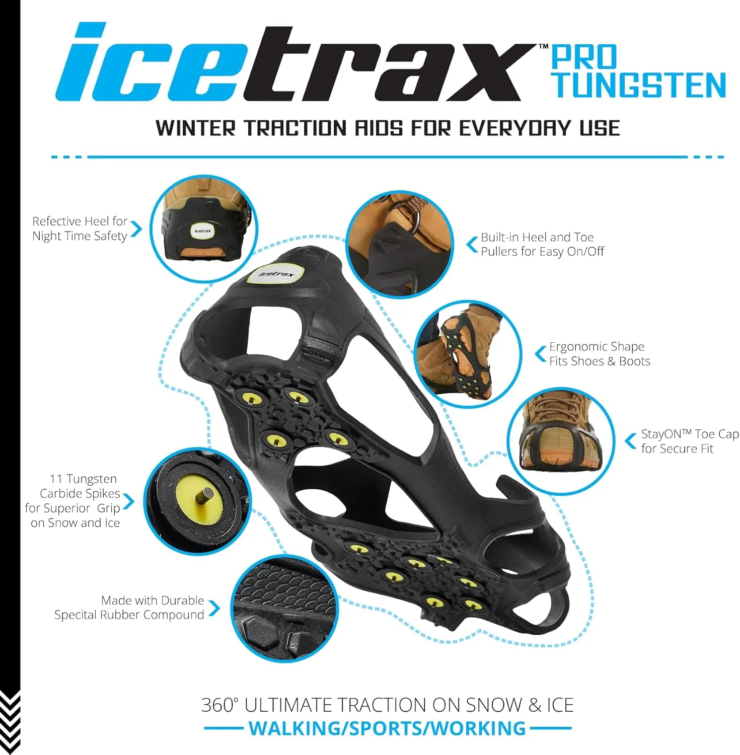 ICETRAX Pro Tungsten Grip Winter Ice Cleats for Shoes and Boots - Snow and Ice Grips, StayON Toe, Reflective Heel