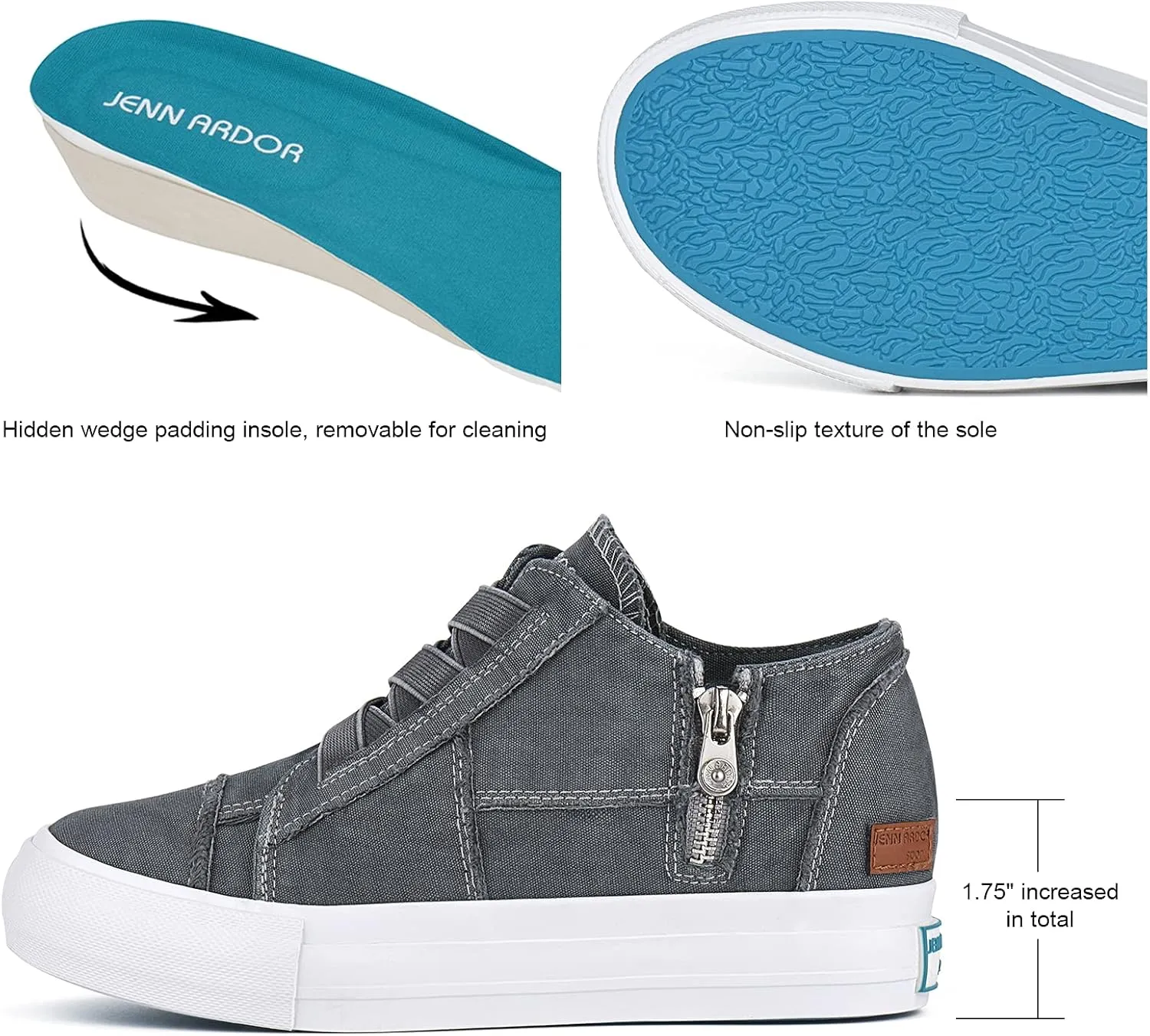 JENN ARDOR Wedge Sneakers for Women Fashion Canvas Shoes Casual Platform Hidden Heel Womens Slip On Sneaker Non Slip Side Zipper