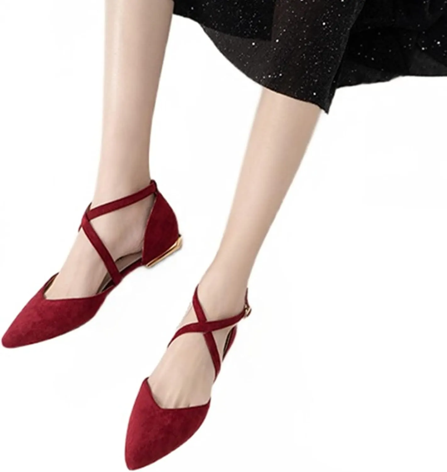 Julymens Women's Pointed Toe Ballet Flats Cross Ankle Strap D'Orsay Mary Janes