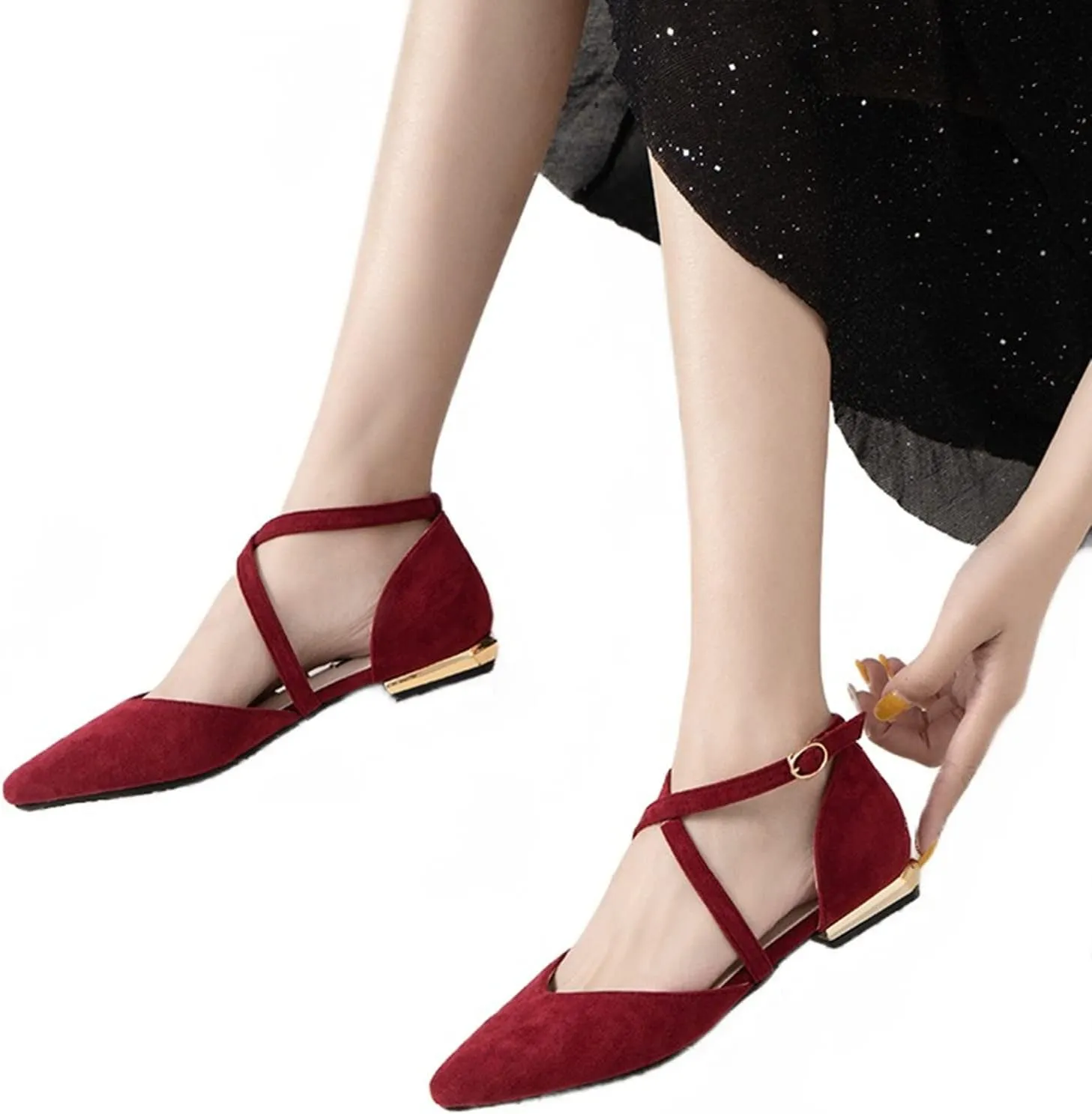 Julymens Women's Pointed Toe Ballet Flats Cross Ankle Strap D'Orsay Mary Janes
