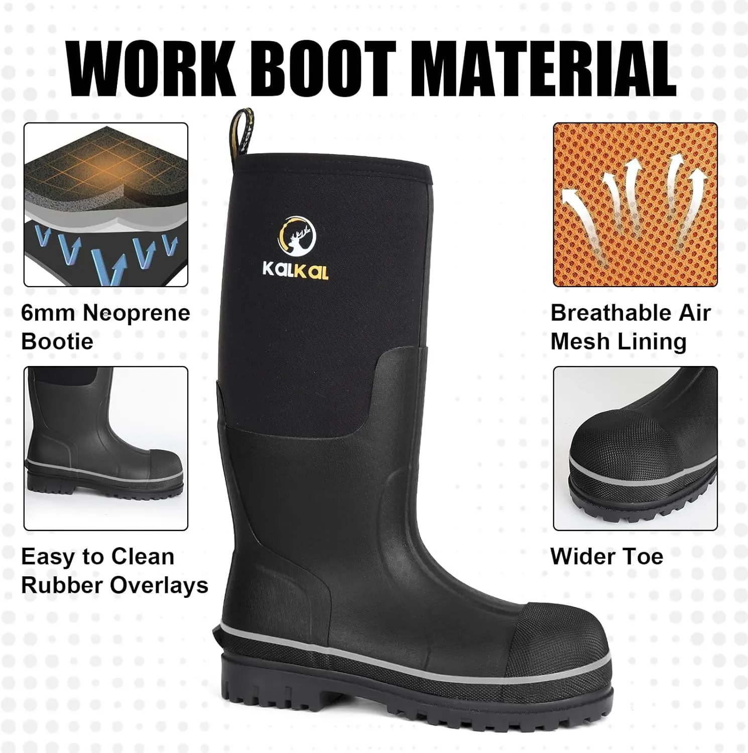 Kalkal Steel Toe Rubber Boots For Men, Waterproof Rubber Work Boots With Steel Shank, Puncture-Proof Safey Composite Toe Hunting Boots for Farming, Gardening, Fishing, Outdoor Work, Size 6-14