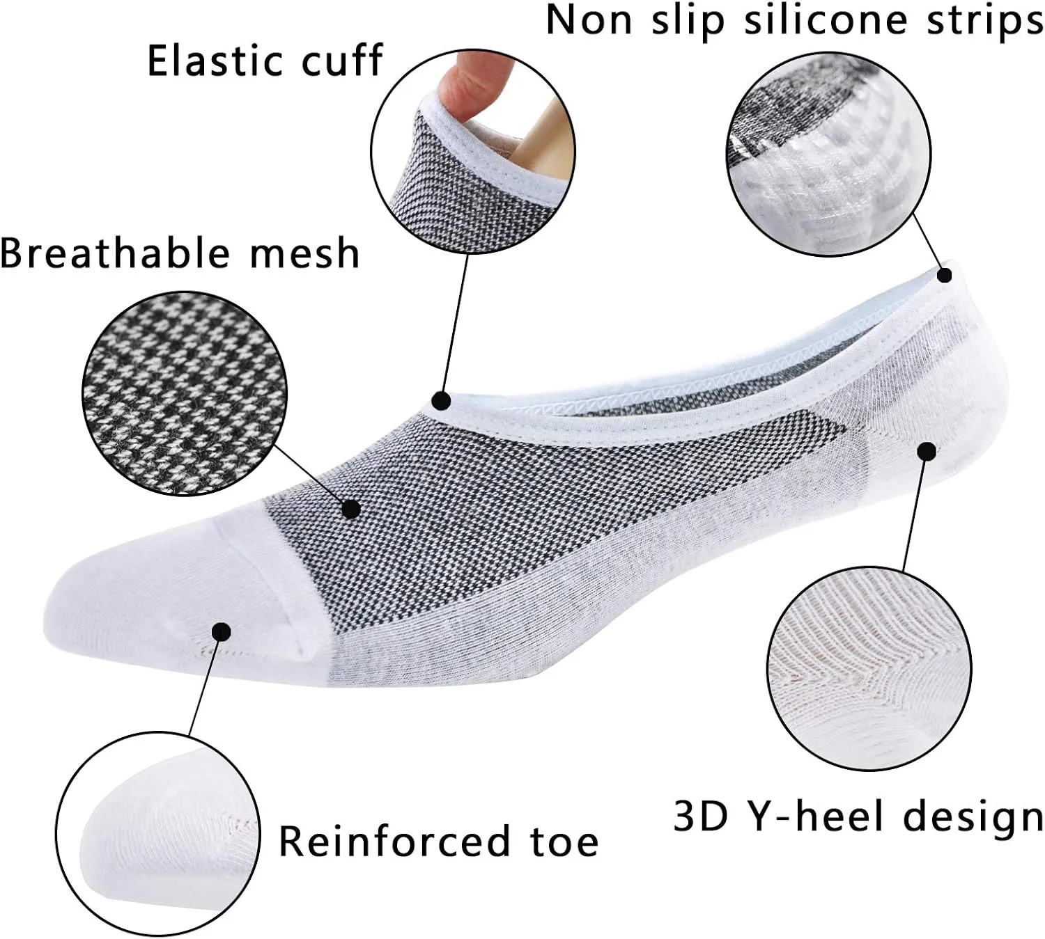LO SHOKIM No Show Socks - Breathable Non Slip Low Cut Cotton Short Socks for Men & Women, 7-15