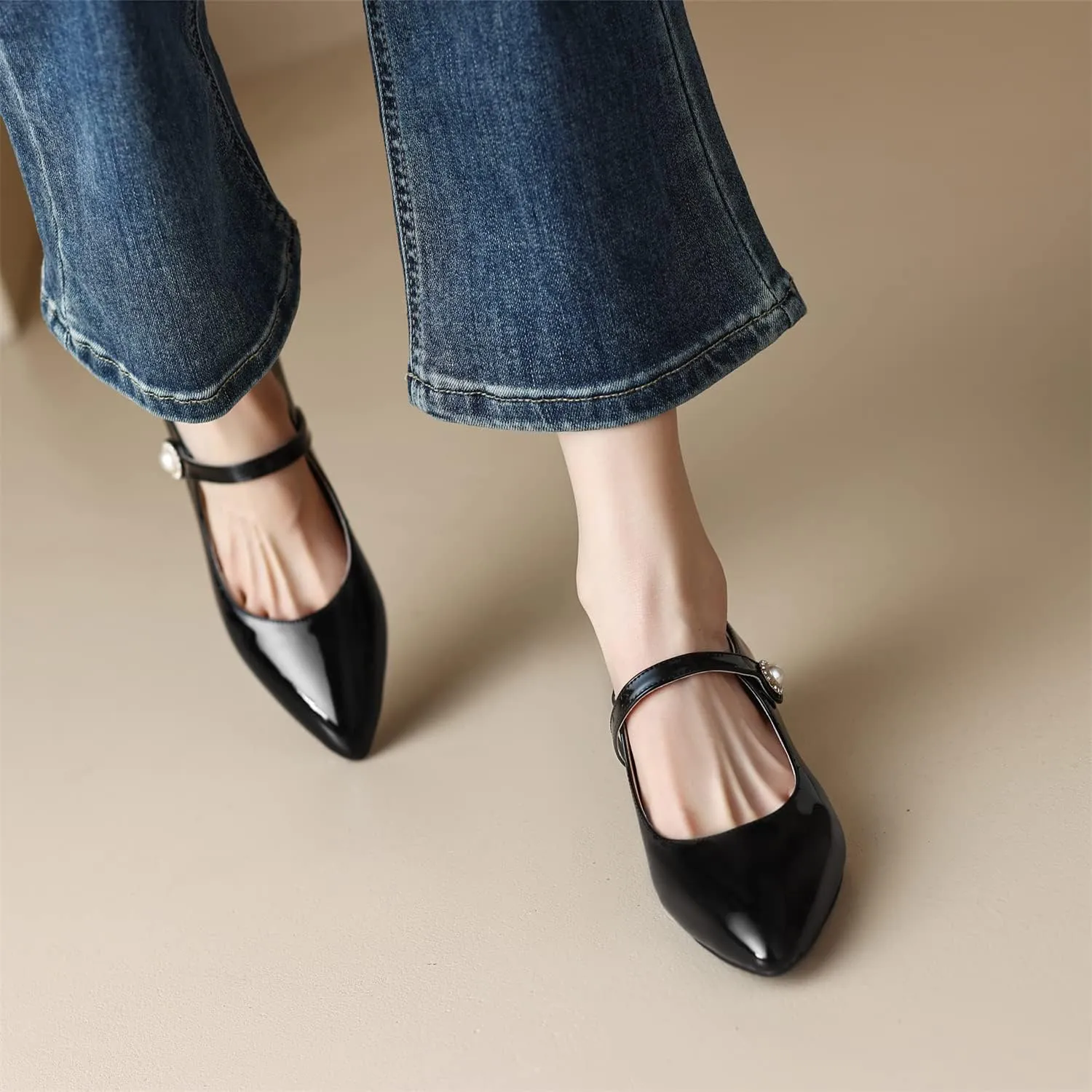 LYYSKY Womens Fashion 3CM Low Heels Pointed Toe Maid Single Shoes Concise Shallow Flats Mary Jane Shoes Princess Pumps Black Off White Apricot Size 4-14