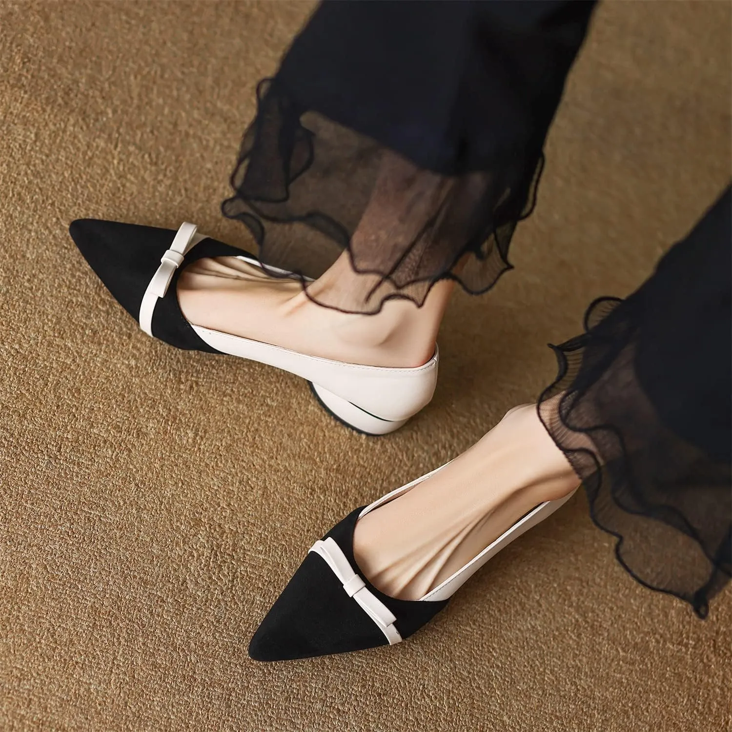 LYYSKY Womens Fashion 3CM Low Heels Pointed Toe Maid Single Shoes Concise Shallow Flats Mary Jane Shoes Princess Pumps Black Off White Apricot Size 4-14