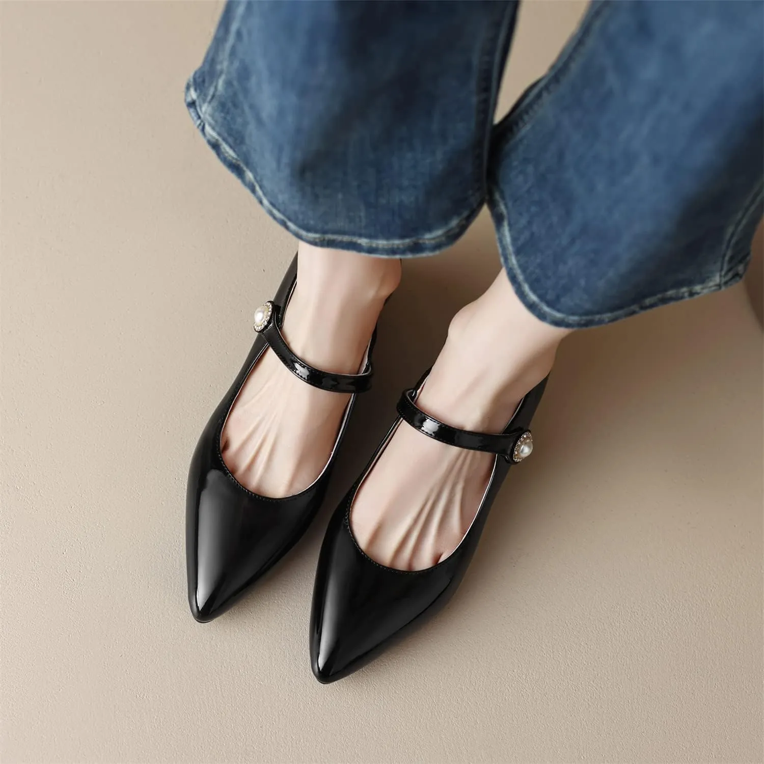 LYYSKY Womens Fashion 3CM Low Heels Pointed Toe Maid Single Shoes Concise Shallow Flats Mary Jane Shoes Princess Pumps Black Off White Apricot Size 4-14