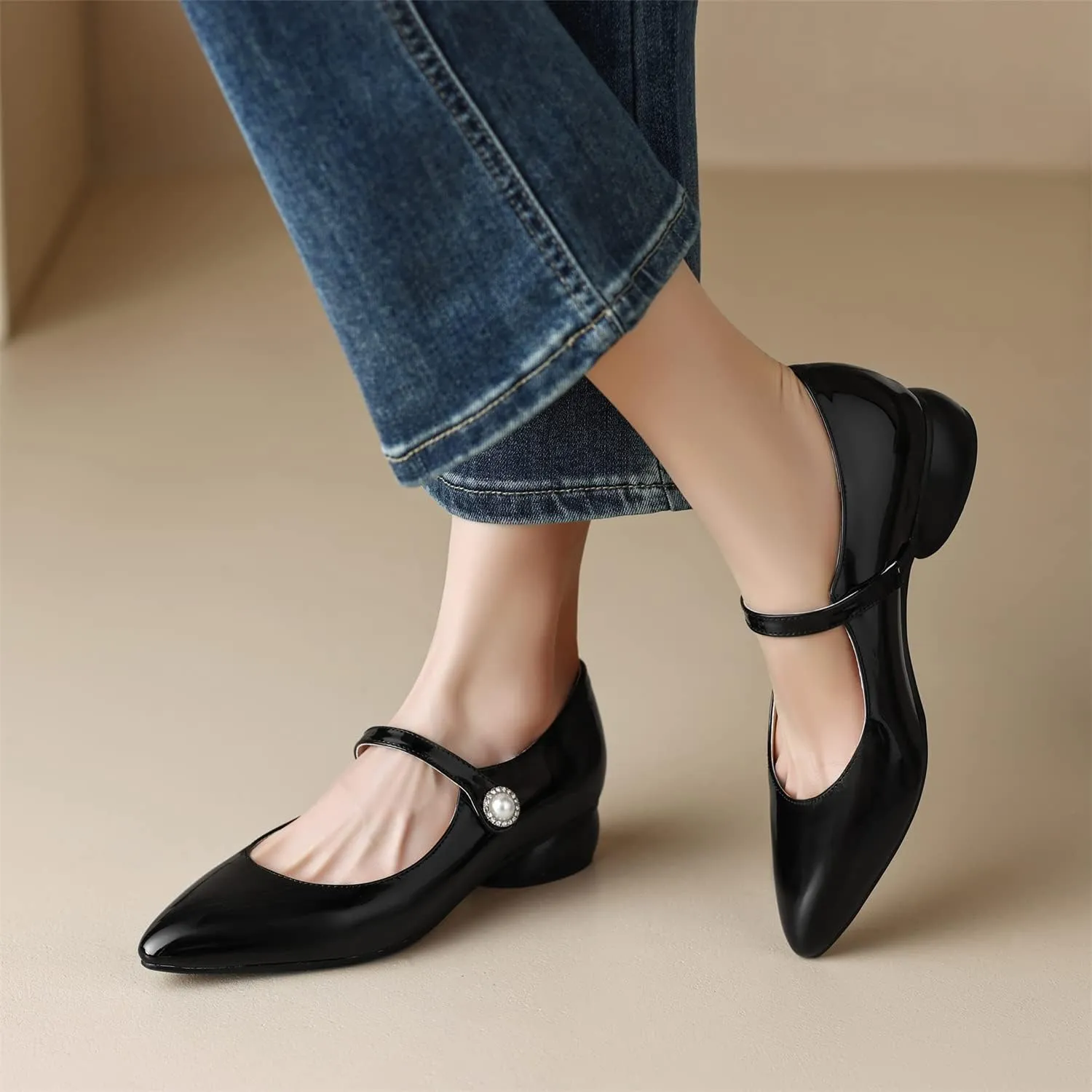 LYYSKY Womens Fashion 3CM Low Heels Pointed Toe Maid Single Shoes Concise Shallow Flats Mary Jane Shoes Princess Pumps Black Off White Apricot Size 4-14