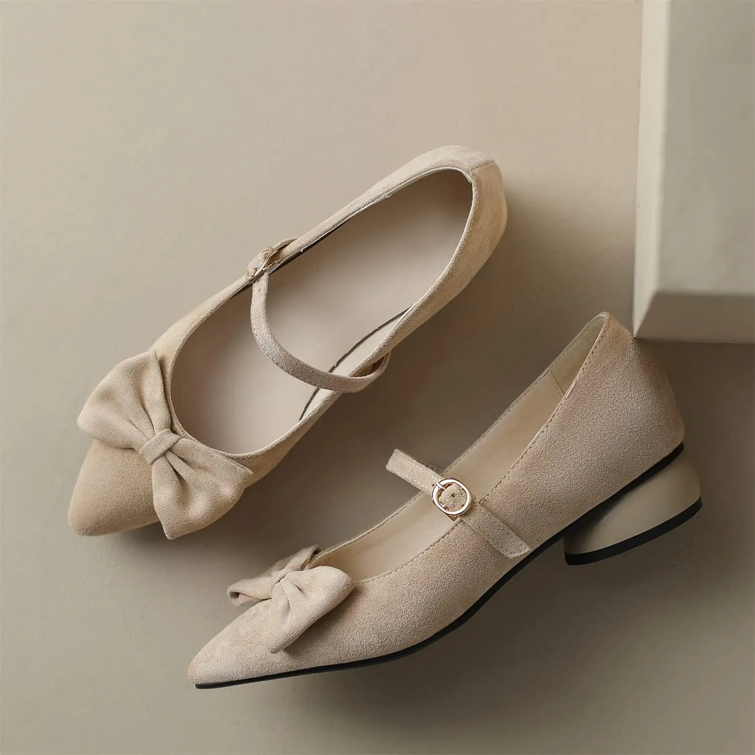 LYYSKY Womens Fashion 3CM Low Heels Pointed Toe Maid Single Shoes Concise Shallow Flats Mary Jane Shoes Princess Pumps Black Off White Apricot Size 4-14