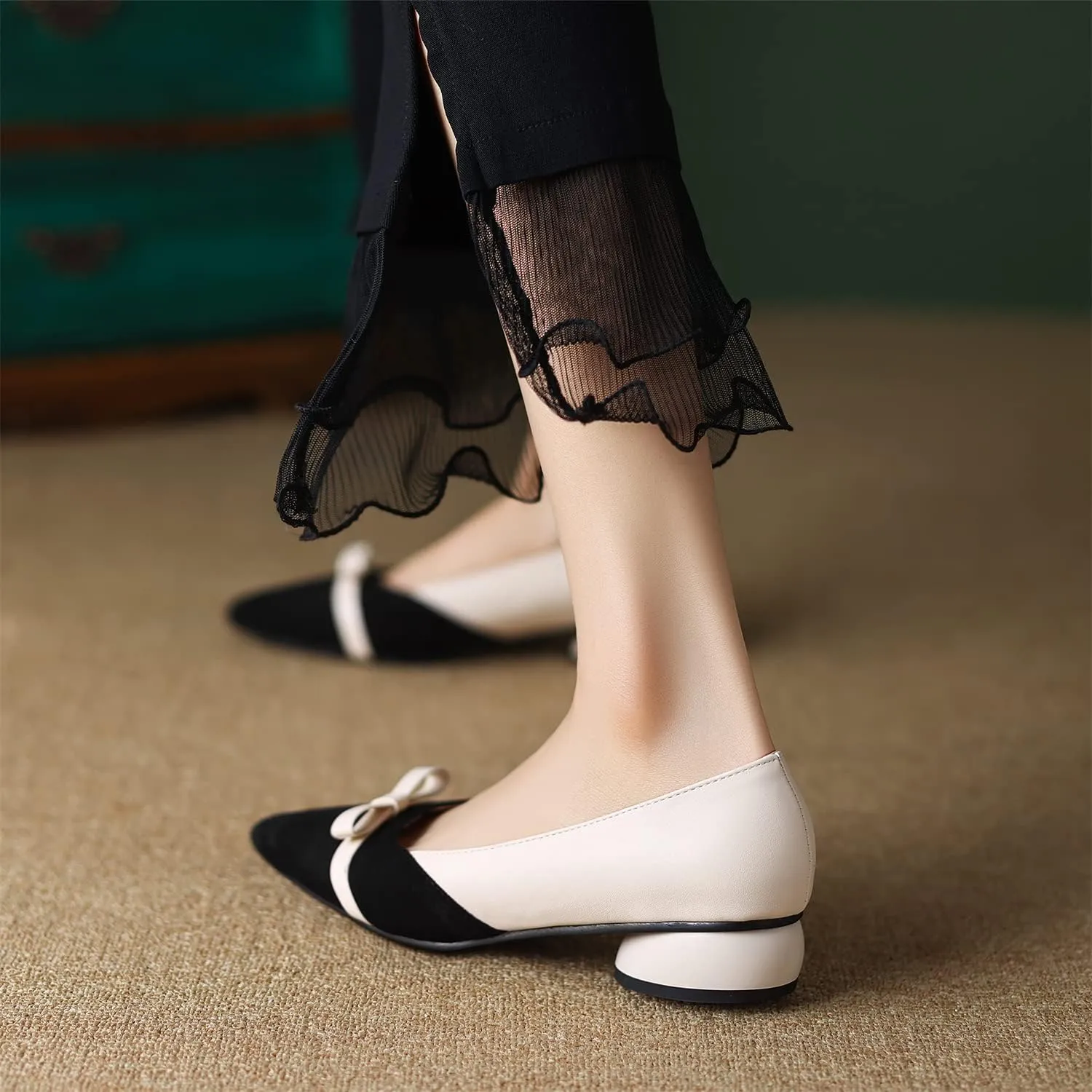 LYYSKY Womens Fashion 3CM Low Heels Pointed Toe Maid Single Shoes Concise Shallow Flats Mary Jane Shoes Princess Pumps Black Off White Apricot Size 4-14