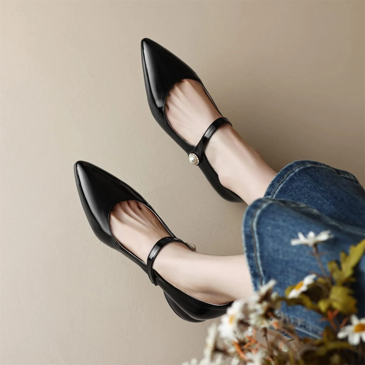 LYYSKY Womens Fashion 3CM Low Heels Pointed Toe Maid Single Shoes Concise Shallow Flats Mary Jane Shoes Princess Pumps Black Off White Apricot Size 4-14