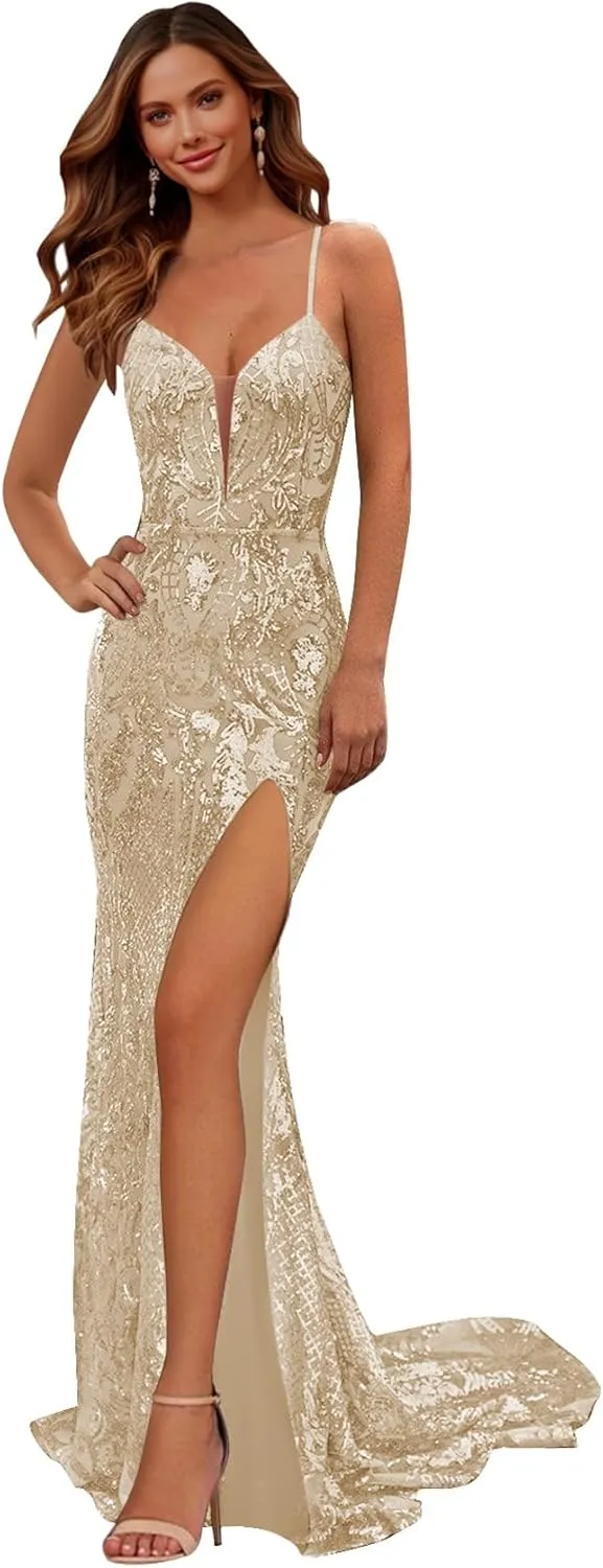 MAGGCIF Mermaid Sequin Prom Dresses for Women with Slit V Neck Sparkly Long Formal Evening Party Gown
