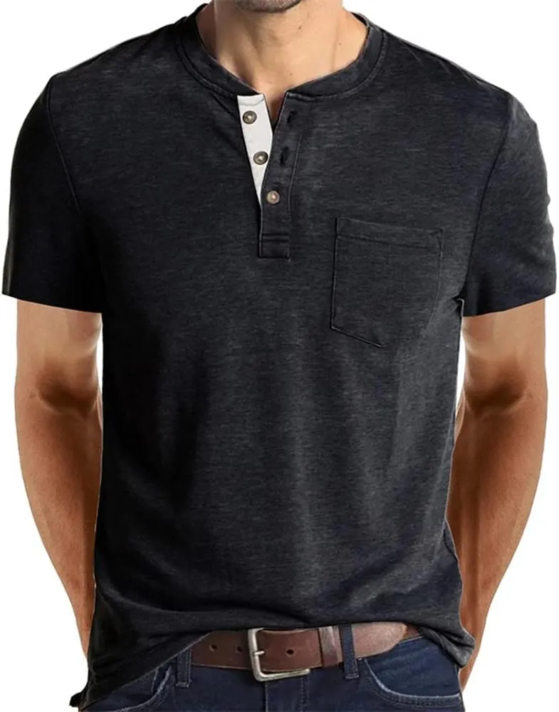 Mens Casual Short Sleeve Henley Shirts Fashion Button T Shirts with Pocket