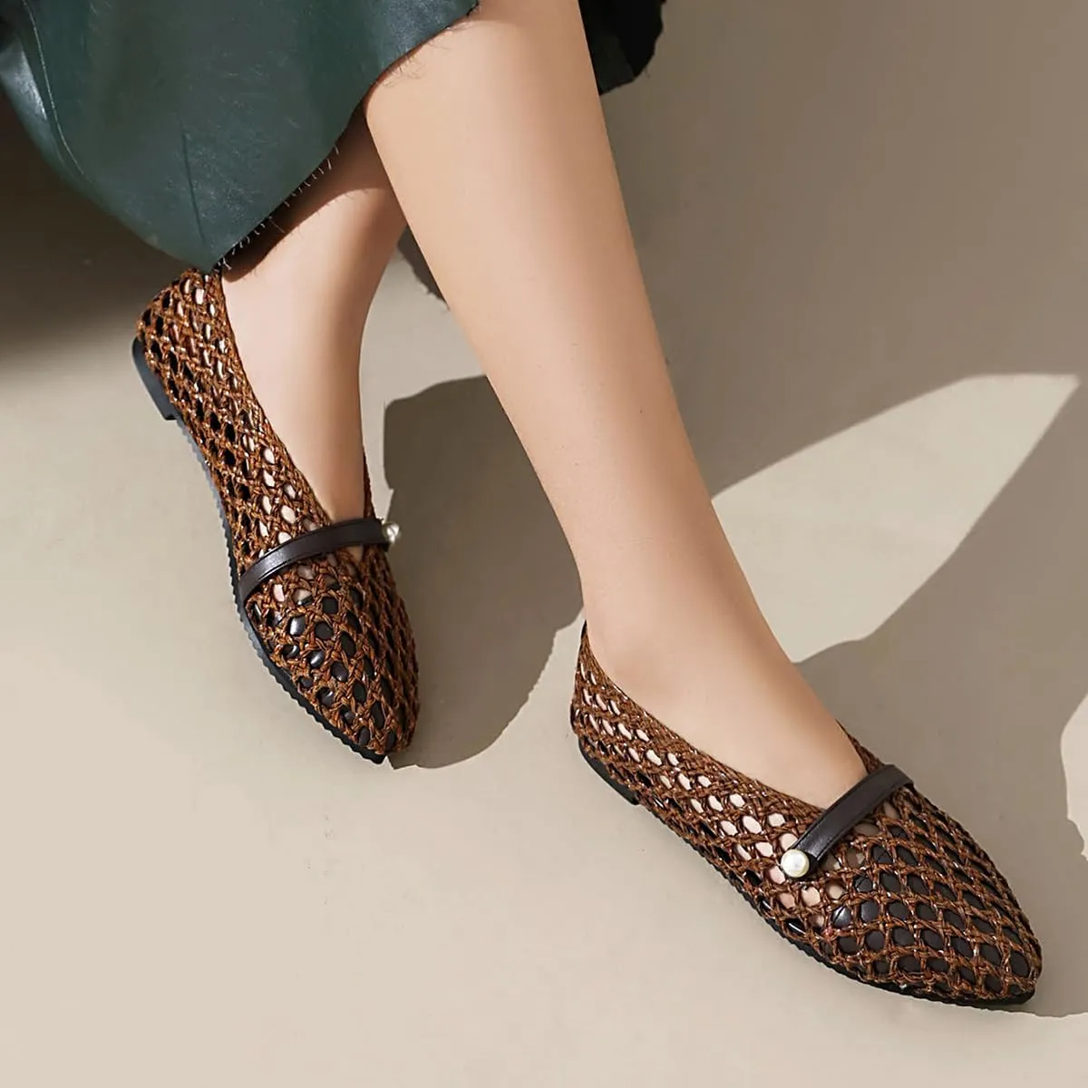 Mesh Ballet Flats With Strap Buckle Braided Leather Flats Mary Jane Shoes Dress Office Party Summer Travel Handcrafted Laced Sandals For Women