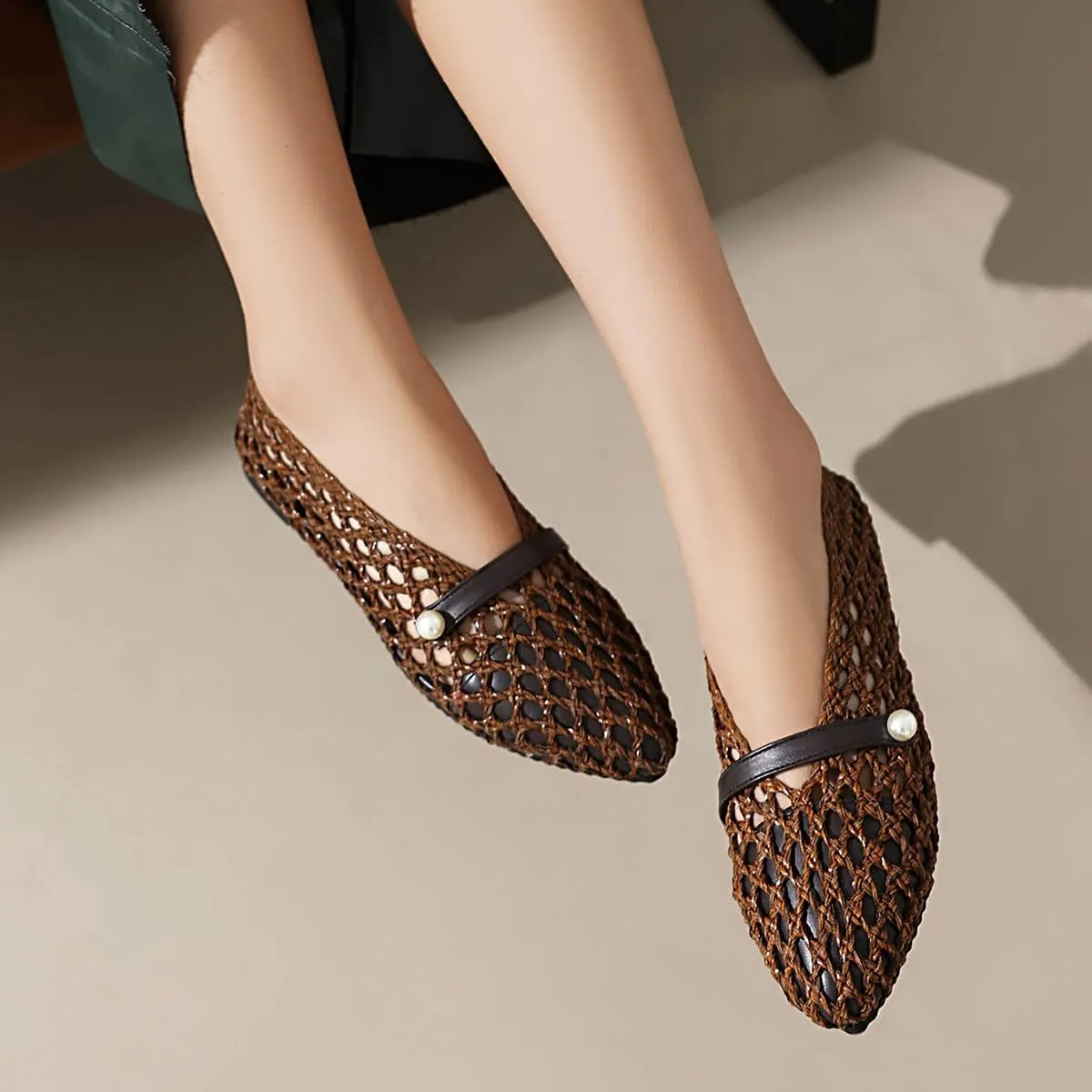Mesh Ballet Flats With Strap Buckle Braided Leather Flats Mary Jane Shoes Dress Office Party Summer Travel Handcrafted Laced Sandals For Women
