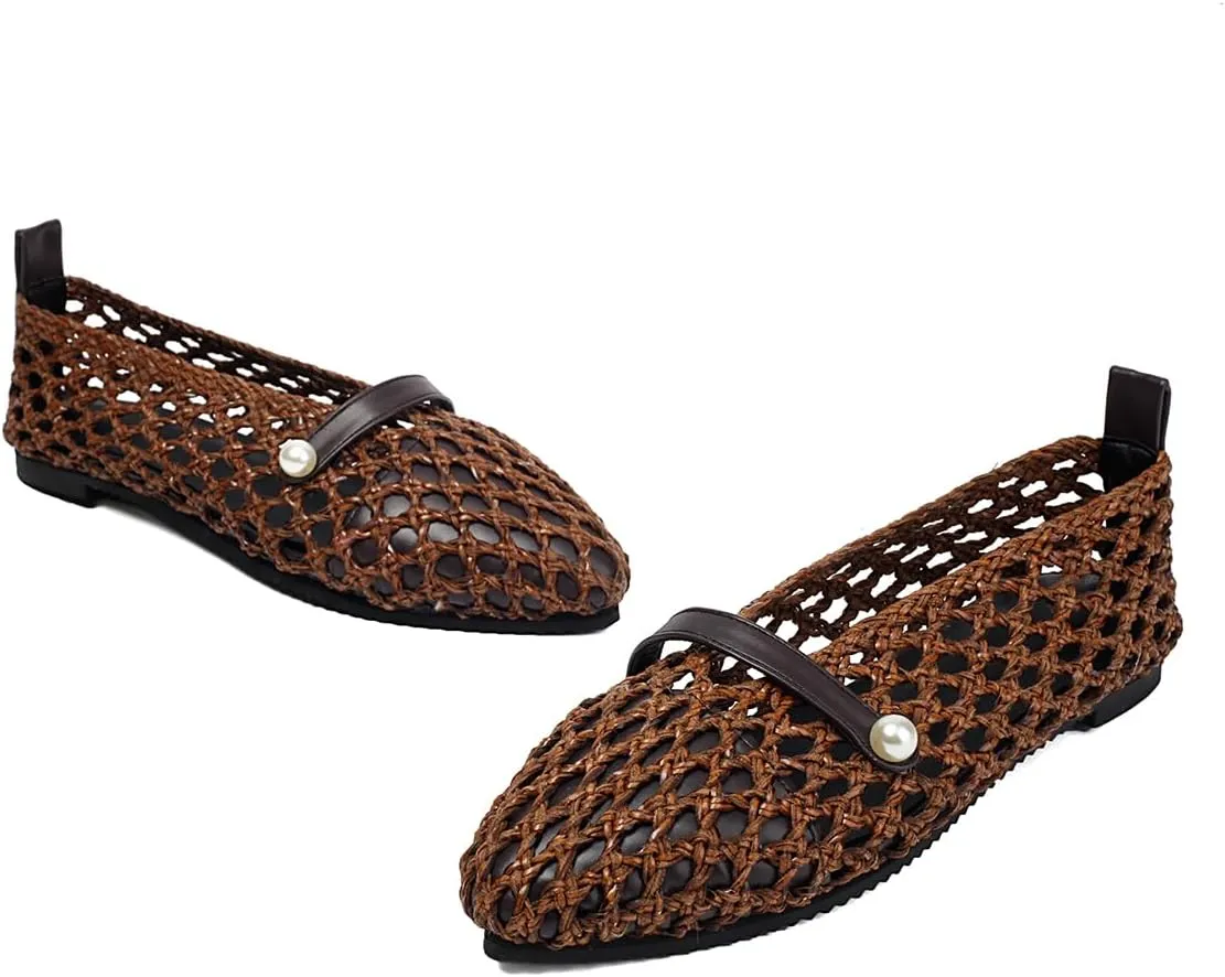 Mesh Ballet Flats With Strap Buckle Braided Leather Flats Mary Jane Shoes Dress Office Party Summer Travel Handcrafted Laced Sandals For Women