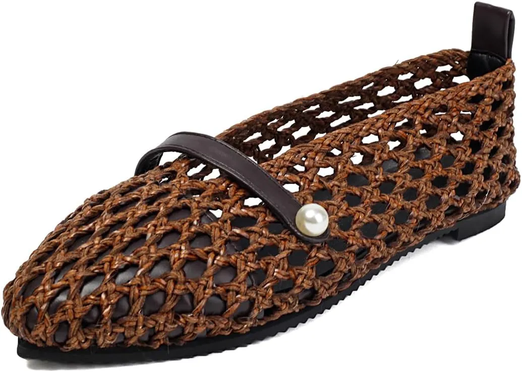 Mesh Ballet Flats With Strap Buckle Braided Leather Flats Mary Jane Shoes Dress Office Party Summer Travel Handcrafted Laced Sandals For Women