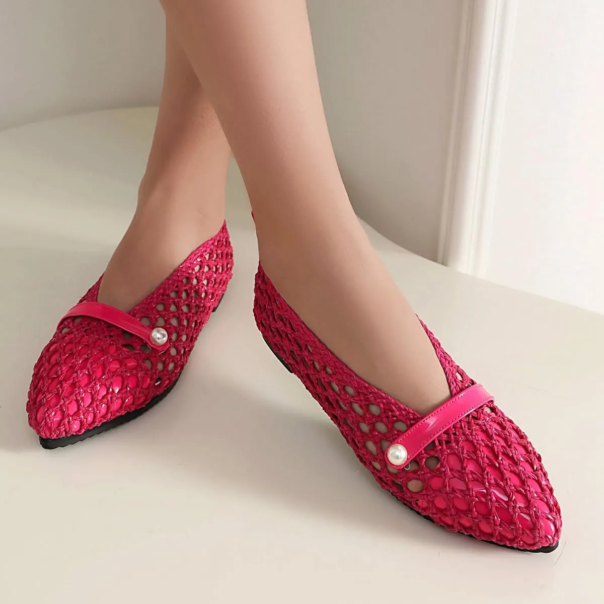 Mesh Ballet Flats With Strap Buckle Braided Leather Flats Mary Jane Shoes Dress Office Party Summer Travel Handcrafted Laced Sandals For Women