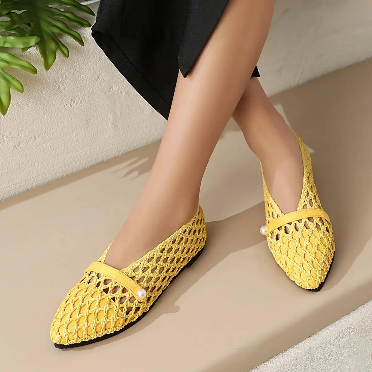 Mesh Ballet Flats With Strap Buckle Braided Leather Flats Mary Jane Shoes Dress Office Party Summer Travel Handcrafted Laced Sandals For Women