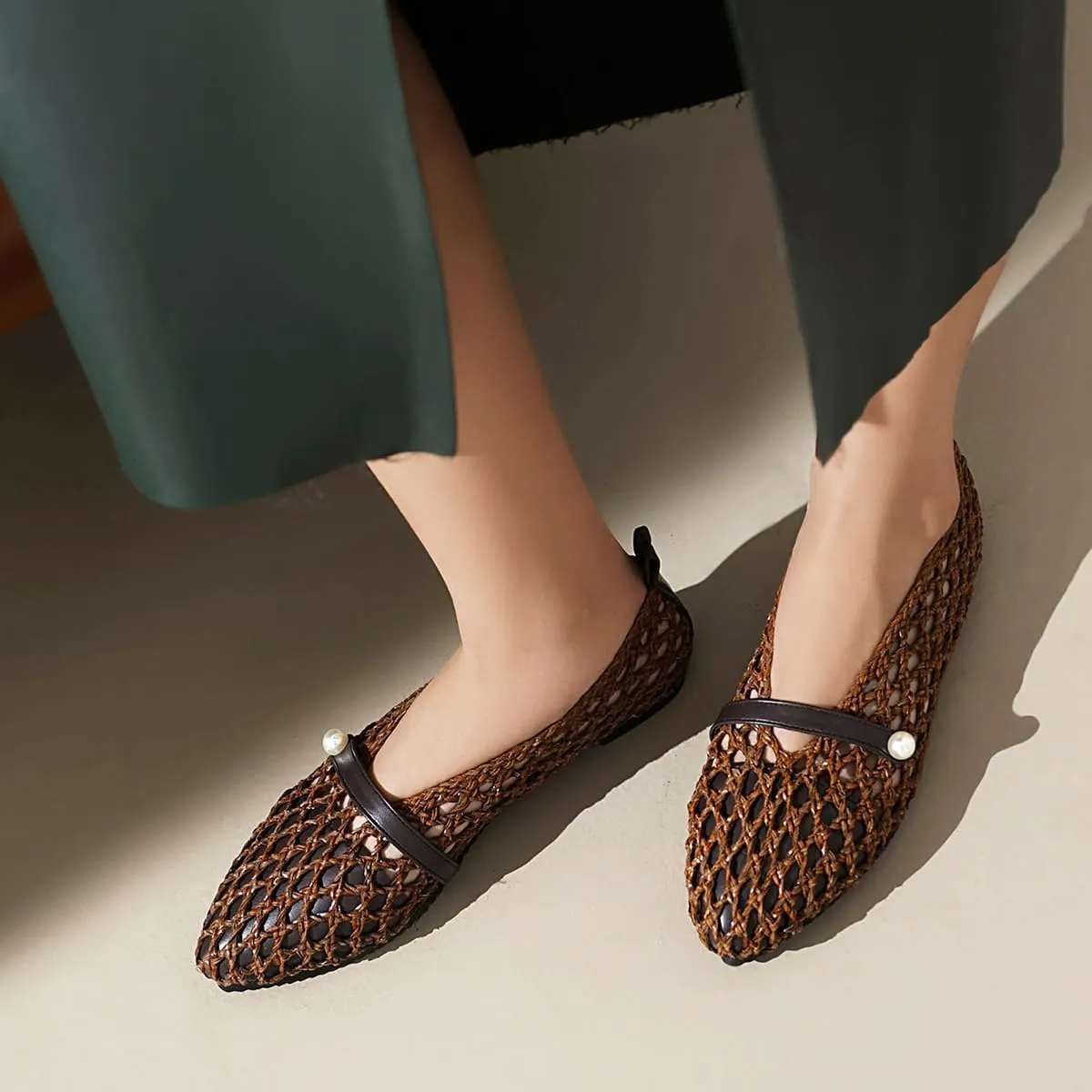 Mesh Ballet Flats With Strap Buckle Braided Leather Flats Mary Jane Shoes Dress Office Party Summer Travel Handcrafted Laced Sandals For Women