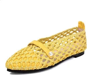 Mesh Ballet Flats With Strap Buckle Braided Leather Flats Mary Jane Shoes Dress Office Party Summer Travel Handcrafted Laced Sandals For Women