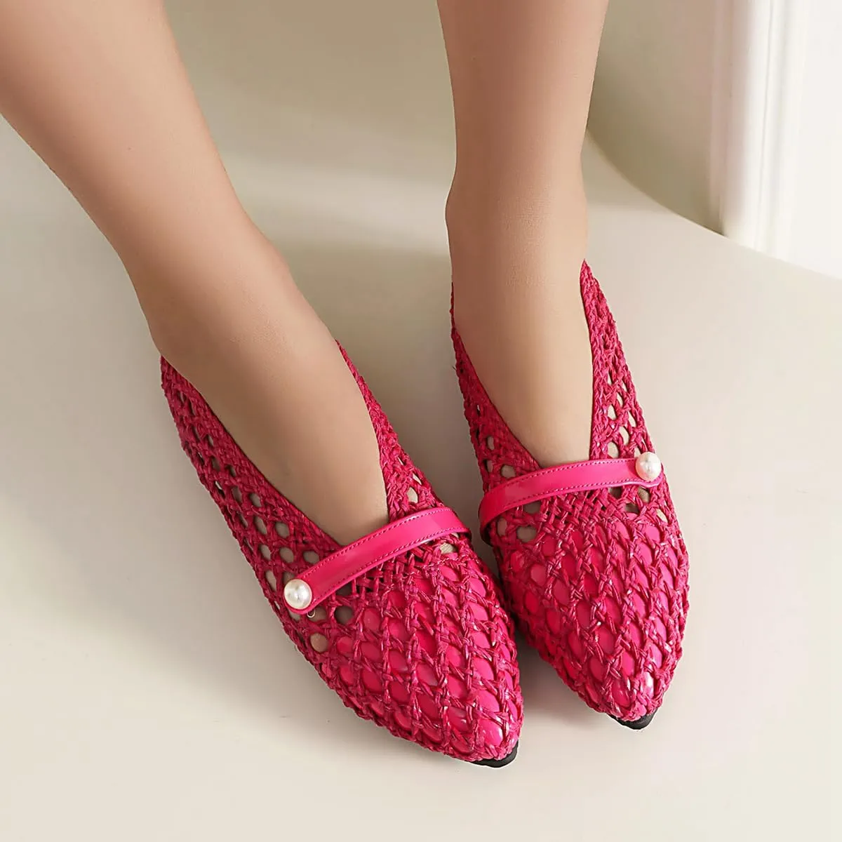 Mesh Ballet Flats With Strap Buckle Braided Leather Flats Mary Jane Shoes Dress Office Party Summer Travel Handcrafted Laced Sandals For Women