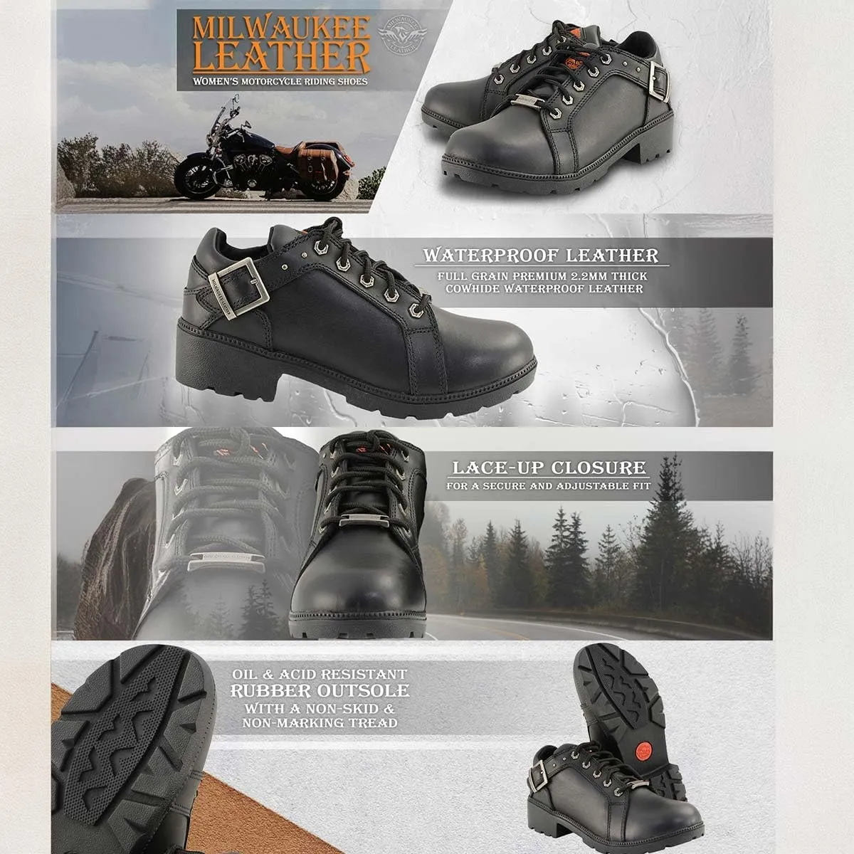 Milwaukee Leather MBL9311 Women's Black Leather Lace-Up Motorcycle Riding Shoes with Anti-Slip Outsole - 7