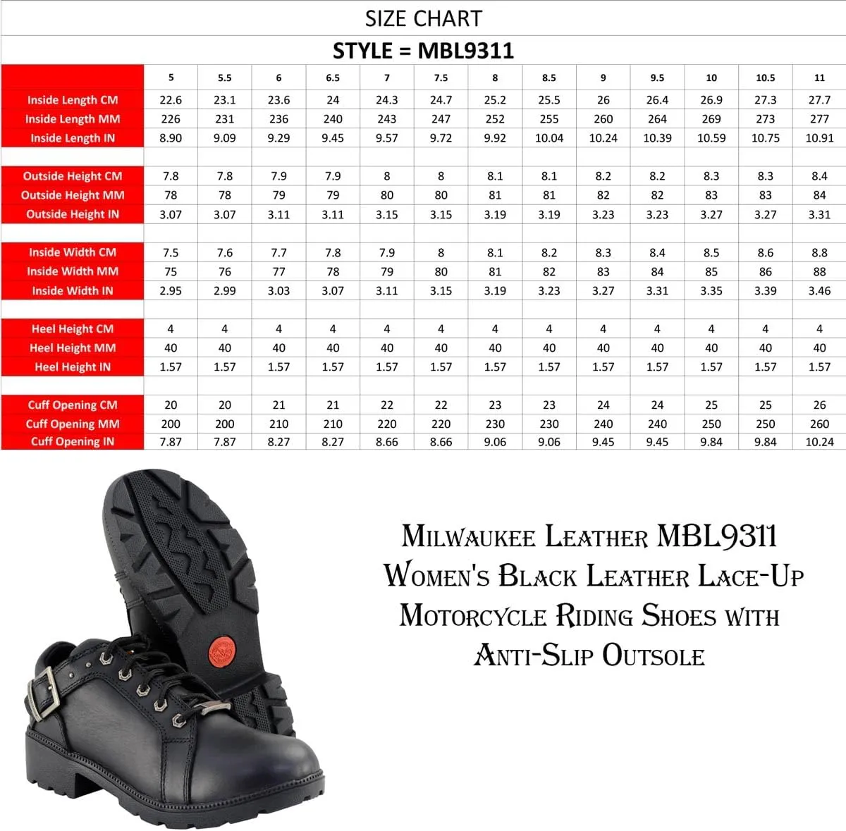Milwaukee Leather MBL9311 Women's Black Leather Lace-Up Motorcycle Riding Shoes with Anti-Slip Outsole - 7