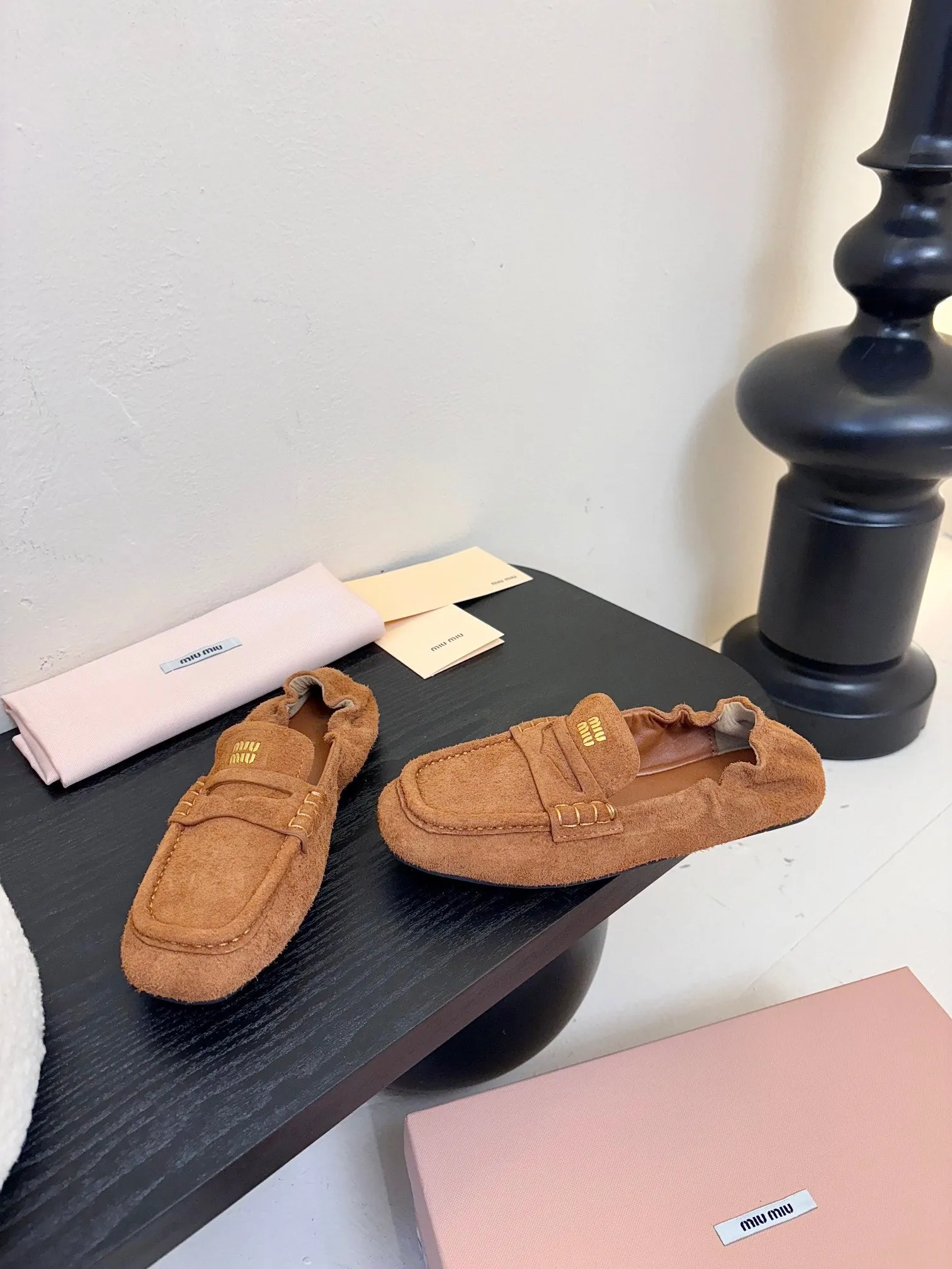 Miu 25C Ruches nappa Loafers Copper Brown Suede 235807