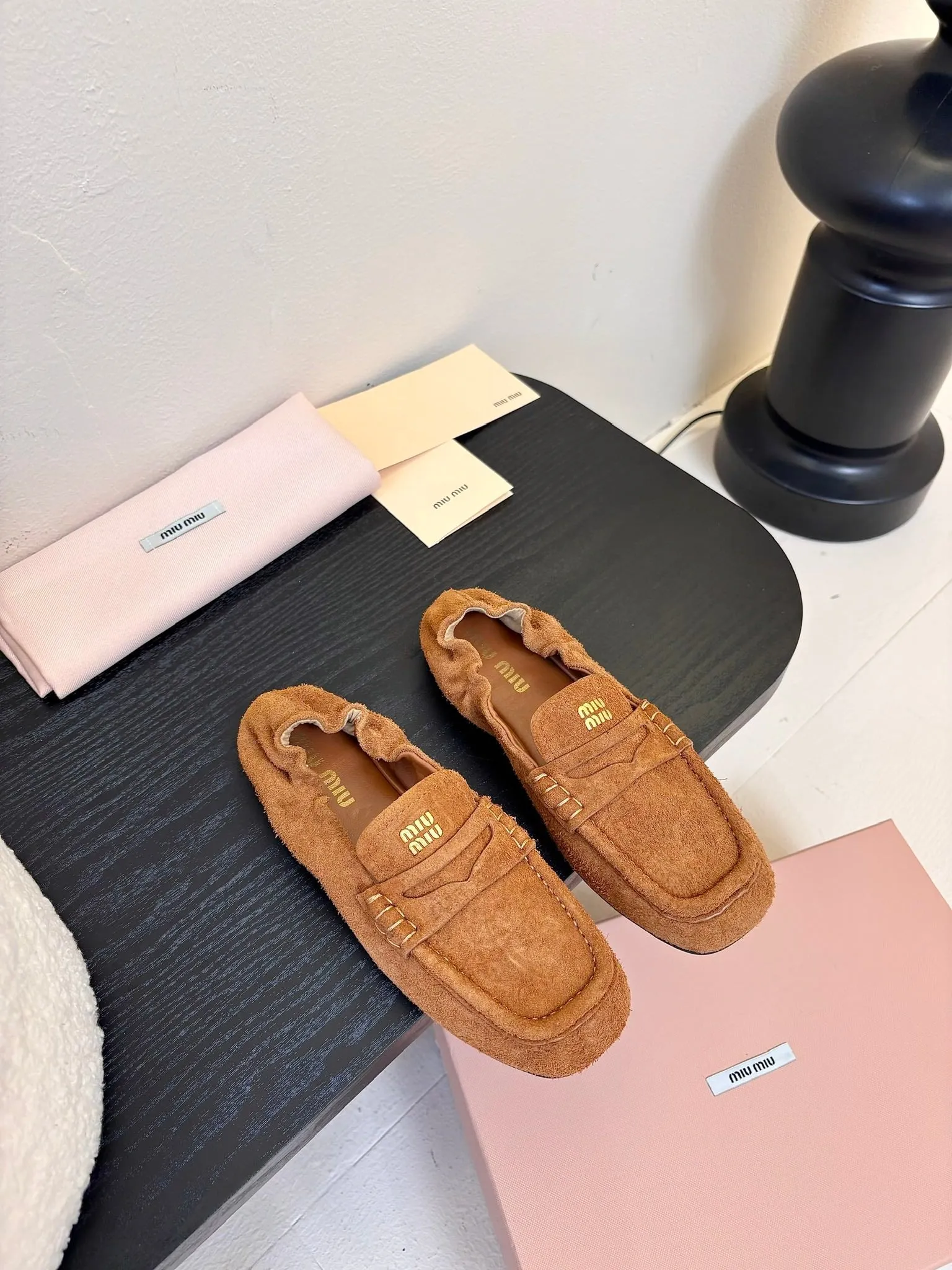 Miu 25C Ruches nappa Loafers Copper Brown Suede 235807